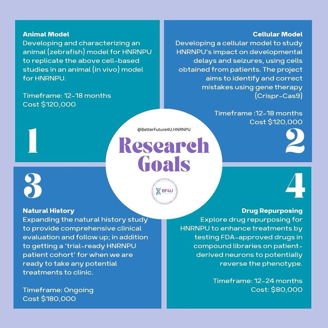Embarking on a journey of hope for HNRNPU research! 🧬
🔬 Join us as we delve into groundbreaking initiatives across four vital fronts:
🐟 Animal Model: Diving deep into the realm of zebrafish to replicate and advance cell-based studies, paving the way for in vivo breakthroughs.
🔬 Cellular Model: Proof-of-concept. Harnessing the power of HNRNPU patient-derived cells to unravel the mysteries of developmental delays and seizures, with the aim of precision correction through innovative gene therapy.
📊 Natural History: Broadening our understanding through comprehensive clinical evaluations, forging a ‘trial-ready HNRNPU patient cohort’ to expedite potential treatments to clinic.
💊 Drug Repurposing: Exploring new horizons by repurposing FDA-approved drugs, unleashing their potential to reverse phenotypic traits through meticulous testing on patient-derived neurons.
Together, let’s champion progress and ignite hope for those affected by HNRNPU. 💜 To donate visit the link in our bio or Bit.ly/BF4U
.
.
.
#HNRNPUResearch #RareDisease #FundraisingForRare #HNRNPU #BetterFuture4U #RareResearch #NeurodevelopmentalDisorder #BF4U