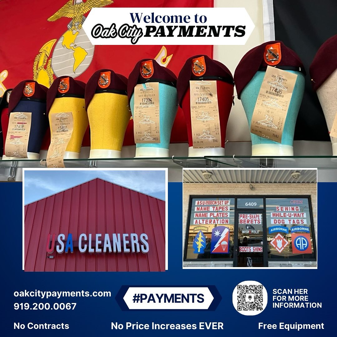 We would like to welcome @usacleaners.ydkn.nc to the Oak City Payments family! They are a great company based in Fayetteville, NC that specializes in dry cleaning and alterations in military clothing. They can alter any uniforms, sew on patches, make dog tags, or alter and dry clean your regular clothes as well! They are a great company and have been great to work with! If you’re in the Fayetteville area and looking for a dry cleaner or need alterations, definitely check out USA Cleaners. #fayettevillenc #fuquayvarina #fuquayvarinanc #raleighnc #carync #hollyspringsnc #apexnc #garnernc #claytonnc #wendellnc #creditcardprocessingservices #merchantservices #supportsmallbusiness #smallbusiness #craftingbetterbusiness #knowyourrate #betterwaytopay #payroll #payrollservices
