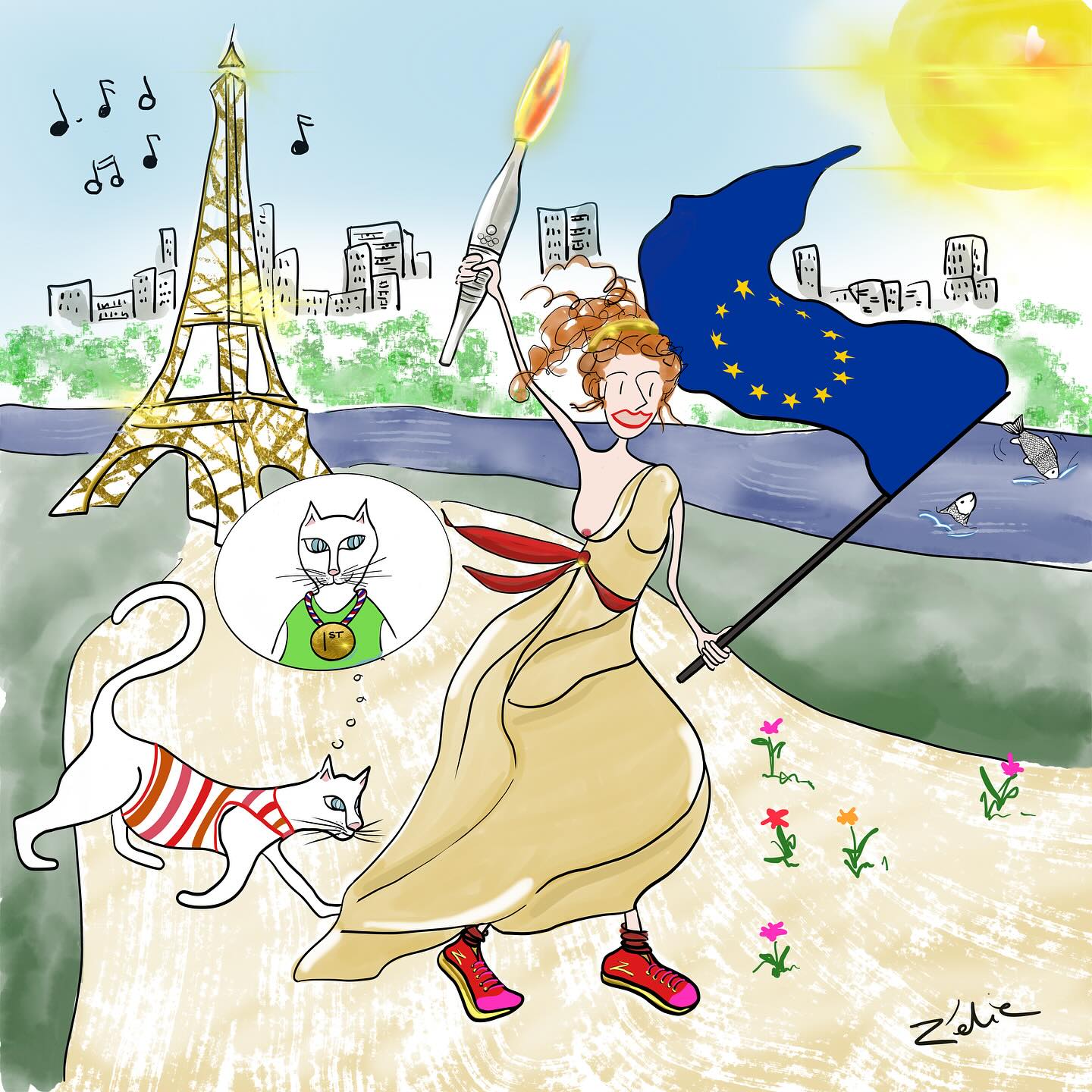 Elle est passée par #vannes et arrive à #paris la #flammeolympique #flammeolympique2024 vive le #sport #democratie #republique #dessin #graphisme #illustration #digitaldrawing