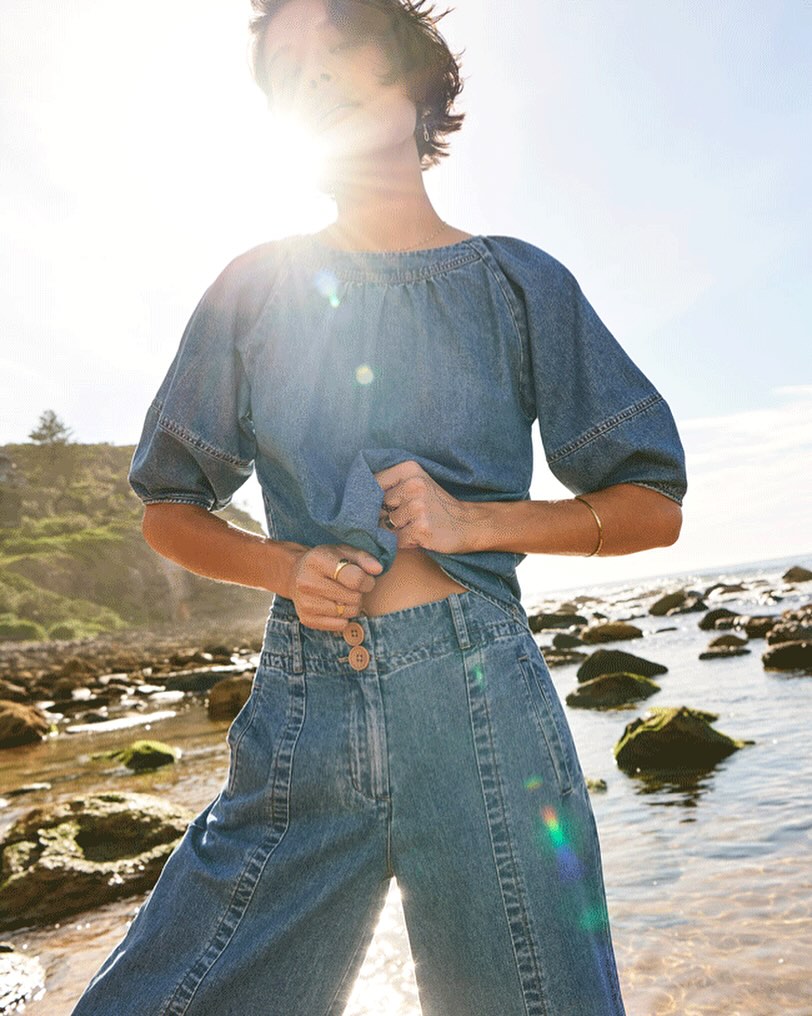 Double Denim dream outfit from @polclothing featuring the lightweight pure cotton Raydel story. Available in four great shapes #polclothing #australianfashion #sustainablefashion #doubledenim #nzfashionagency #dreamjob