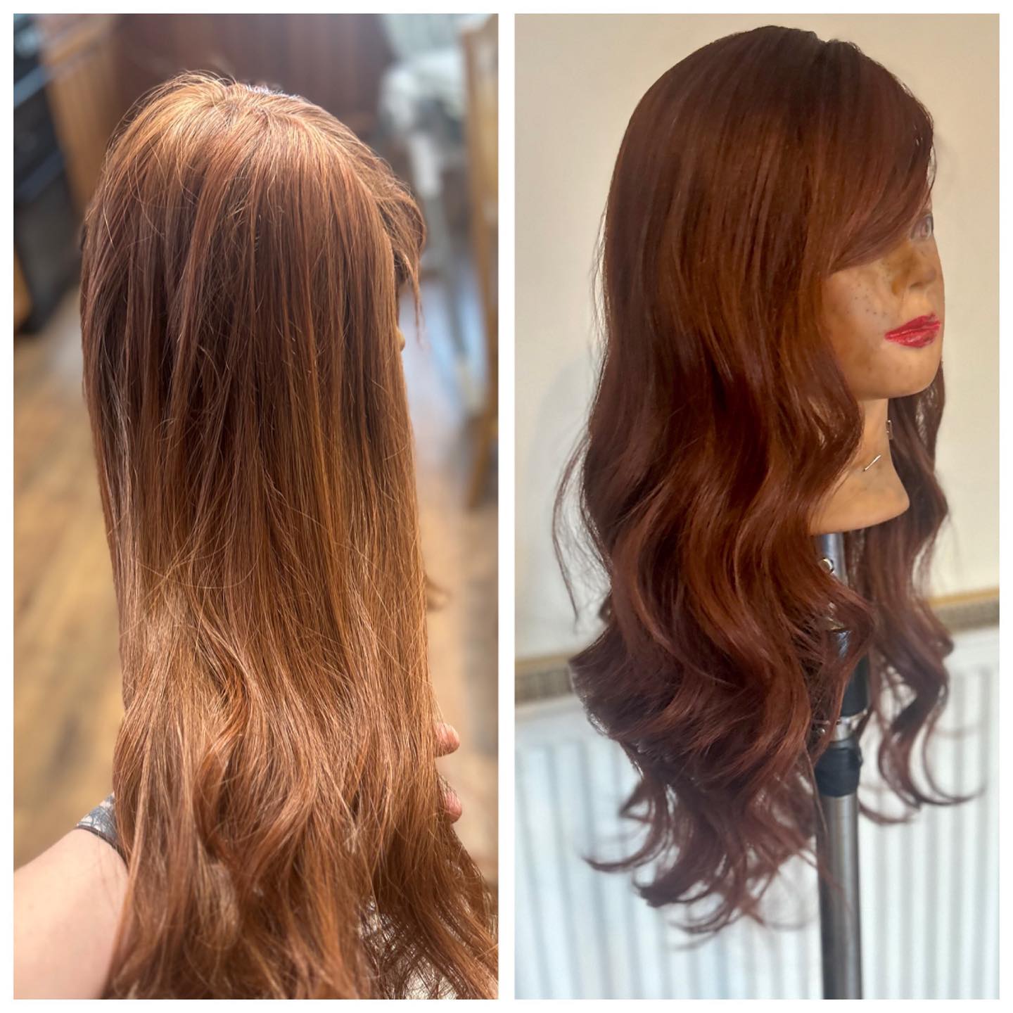 ✨ This before and after of this copper red wig is giving me Jessica Rabbit vibes! 🔥💁♀️ Perfectly styled and ready for my beautiful client to shine at a wedding! 💖 Have a wonderful day