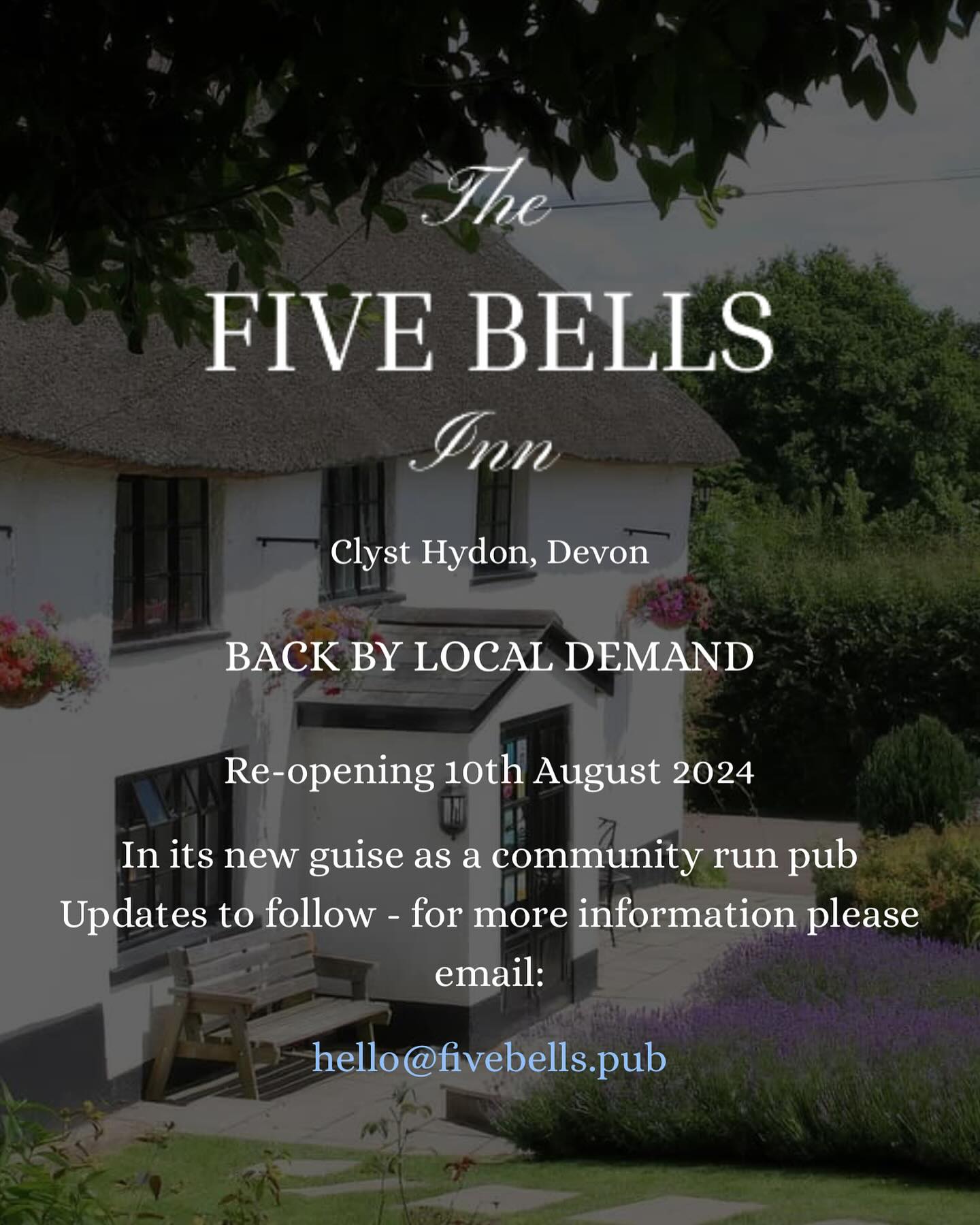 !! Exciting News !! - The pub will be RE-OPENING as a community run pub from 10th August 2024!
Please come and join us to celebrate the re-opening over the weekend - Live music on Saturday from Charge!, food from Kenniford Farm, Sunday food from @thecruisingkitchen / @envie_catering
The pub is being taken back to being run as a traditional rural pub - a hub for the community, a place for locals to meet and have a drink; no longer a Gastro Pub as it was in its previous life.
Food will be served by a variety of local food vans, (different vans on different days) such as our new friends at ember pizza, The Cruising Kitchen, and Kenniford Farm
Food can be enjoyed with a drink inside the pub or the garden.
Standard opening Hours after the opening weekend will be:
Thursday 6-Close
Friday 7-Close
Saturaday 12-Close
Sunday 12 - 6pm.
Please note that the staff will all be volunteers, should we be short of volunteers on any day, opening times may need to be adjusted. Regular updates will be posted here and on boards at the pub.
For more info please email hello@fivebells.pub
More information will also be added to the new website in the coming weeks...
@fooddrinkdevon @positivecullompton @culinarycullompton
#localbusiness #familybusiness #sustainablecatering