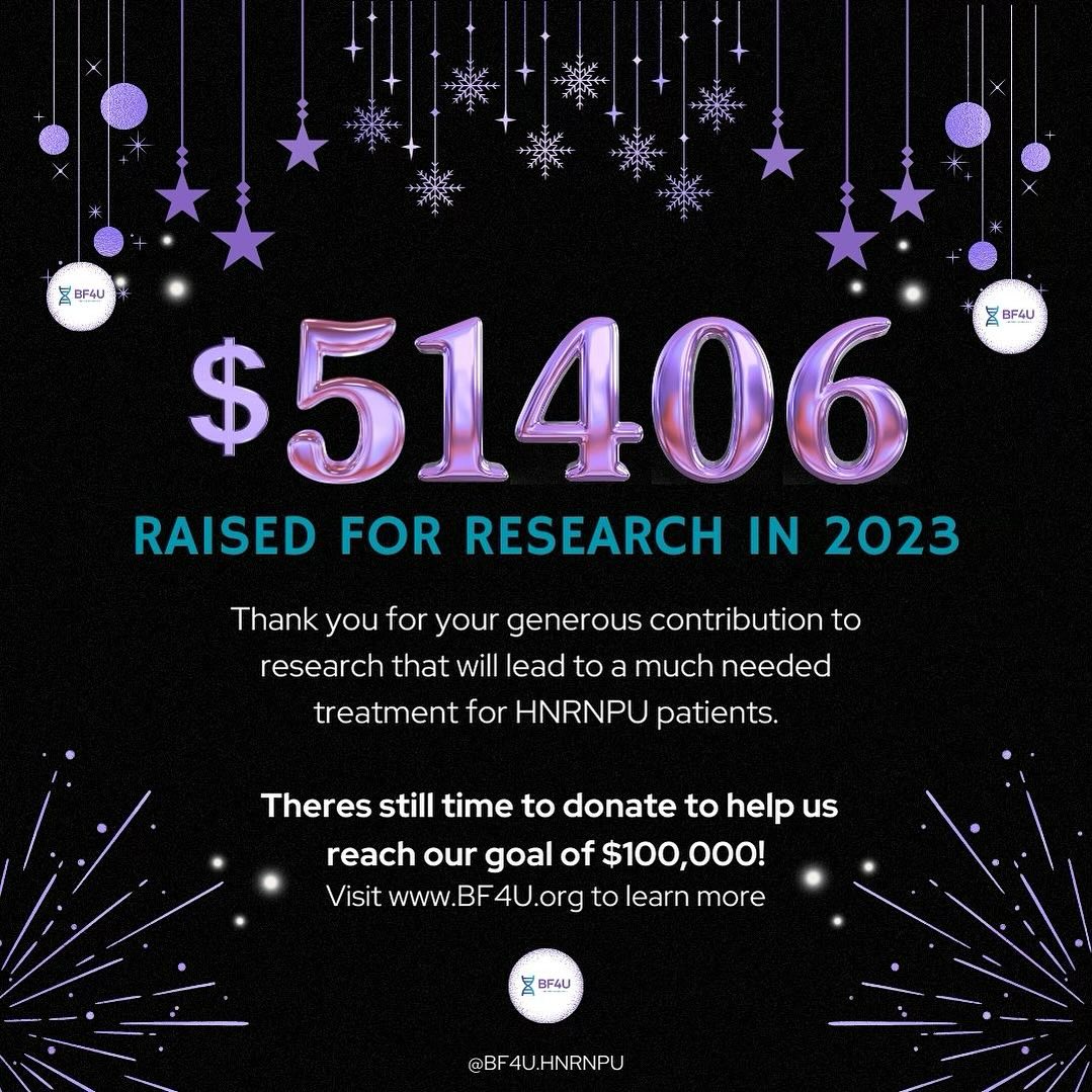 ✨WOW✨ We are amazed by your generosity 💜 THANK YOU! We are ringing in the new year with $36,406.11 in Zeffy donations through our giving campaign and $15,000 in private donations, totaling $51,406.11!
BUT we’re not done yet! We’re a little over half way to our $100,000 goal for our first round of fundraising. What will your donation go towards?
▪️ Research by our world experts
▪️ Help HNRNPU patients better understand their diagnosis
▪️ Progress towards a much needed treatment
🌐 Bit.ly\BF4U
✨ Please consider creating an impact on the lives of those living with HNRNPU. It takes a village and you are in ours. Happy New Year, we cannot wait to see the progress 2024 brings! 🎊
.
.
.
#HNRNPU #HNRNPUresearch #HNRNPUtreatment #RareDisease #Grateful #2023 #2023goals #2024 #2024goals #RareResearch #RareDiseaseTreatment #cureraredisease #BF4U #BetterFuture4U #BetterFuture4hnrnpU