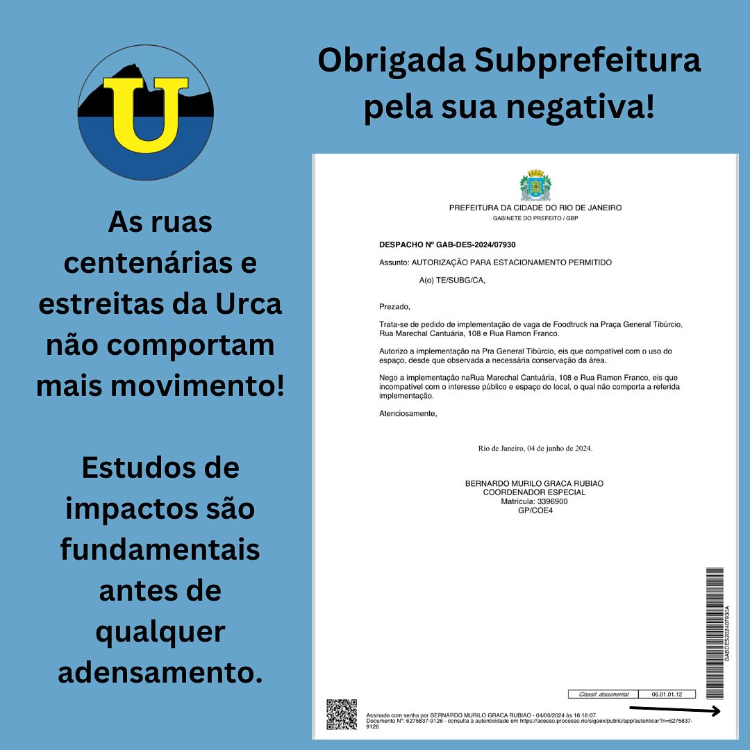 A Amour reiterando postagem anterior que denunciava o Chamamento de interessados para ocupação de três locais para implantação de vagas para “Truck Rio” no bairro da Urca, fundamentada em publicação no DO do Município, em 4 de junho de 2024, pág. 98, vem tranquilizar a comunidade uma vez que, tendo protocolado documento contestatório ao fato, junto à Subprefeitura, teve esta instalação indeferida pelo atual Subprefeito Bernardo Rubião, endossada pelo ex-Subprefeito Flavio Valle.
Obrigada Subprefeitura da Zona Sul! @subzonasul.rio @flaviovalle.rio @prefeitura_rio @compans.rose @lucianaboiteux