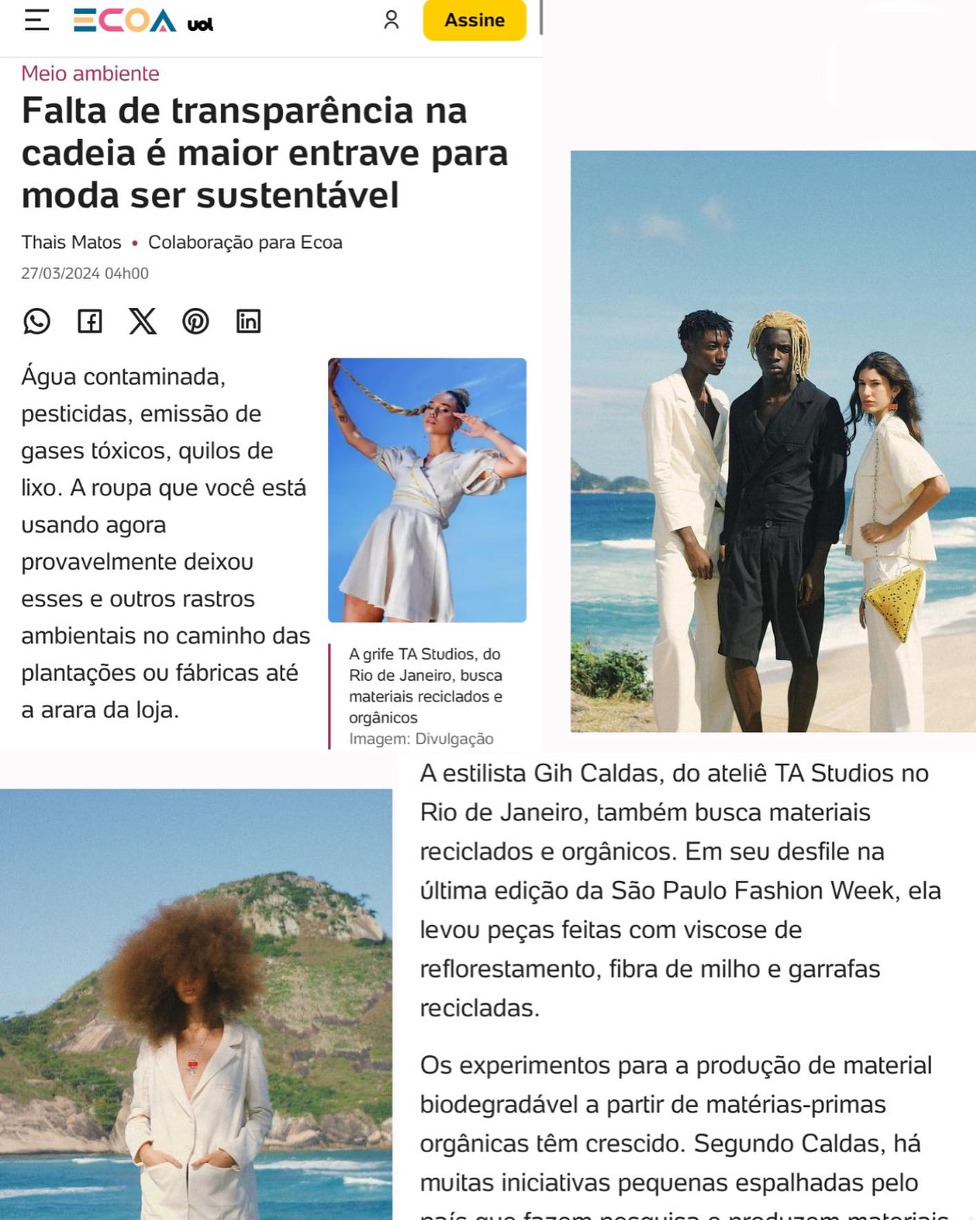 A Gih Caldas conversou com a jornalista Thaís Matos, da ECOA Uol. @ecoa_uol que escreveu um artigo sobre sustentabilidade e moda no Brasil. Ela abordada as últimas notícias sobre o assunto, com especialistas sobre onde estamos, no que avançamos e para onde vamos. 
Você precisa se posicionar, não espere o melhor momento, aja! 
O link clicável do artigo, para o ler na íntegra está aqui na Bio.
#sustentabilidade #riodejaneiro #ipanema #modasustentável #ecofriendly