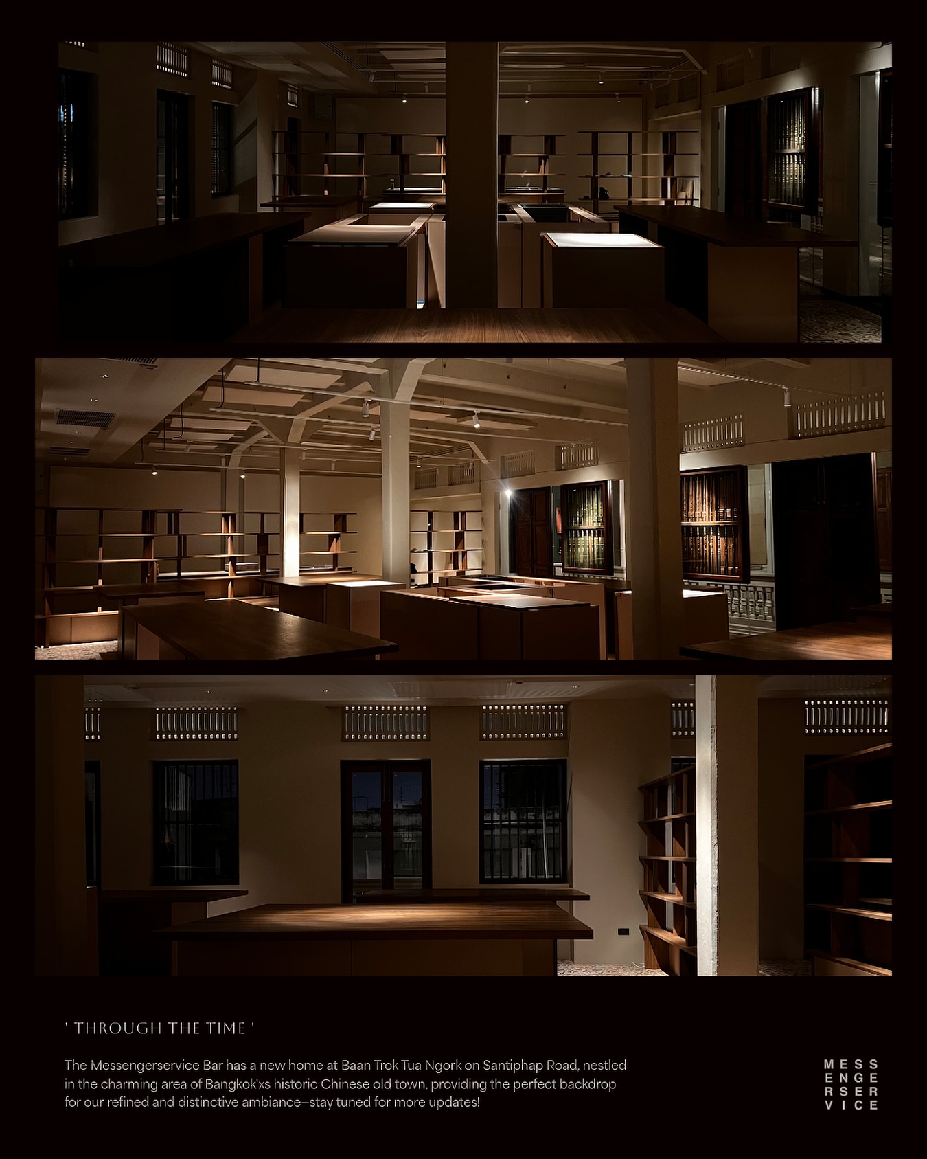 The Messengerservice Bar has a new home at Baan Trok Tua Ngork on Santiphap Road, nestled in the charming area of Bangkok'xs historic Chinese old town, providing the perfect backdrop for our refined and distinctive ambiance—stay tuned for more updates!