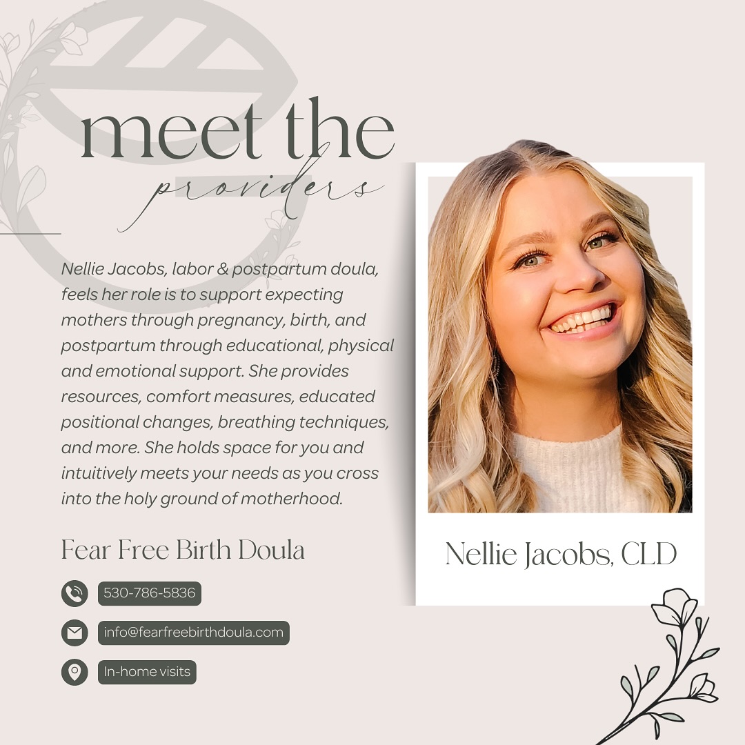 Need a compassionate and supportive doula? Nellie Jacobs offers personalized care throughout your pregnancy, birth, and postpartum journey. As a certified labor and postpartum doula, she provides emotional, physical, and educational support to help you navigate this special time. Let Nellie be your guide and support system as you embark on motherhood.
Get more info about Nellie and @fearfree.birth:
📞 530.786.5836
📧 info@fearfreebirthdoula.com
💻 www.fearfreebirthdoula.com
#NellieJacobs #doula #laboranddelivery #postpartumsupport #pregnancy #birth #newmom #baby #maternity #support #care #guidance #healing