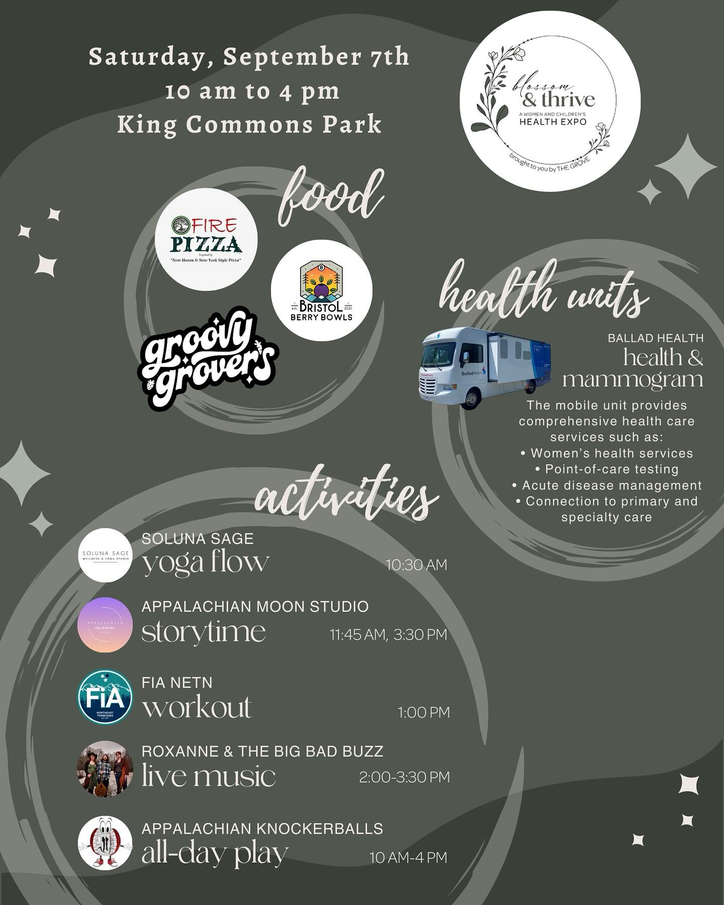 Ahhh! Only 2 more sleeps until the big day!!! We’re SO excited to welcome you to our inaugural women and children’s FREE health expo THIS Saturday at the beautiful King Common Park in @downtownjctn from 10-4!
📣📣 Slight Schedule Change!! Due to an unforeseen emergency we’ve had a music change. We will dearly miss the Ladybirds but SO excited to have the amazing Roxanne and the Big Bad Buzz join us!!
With this change up the @fianetn workout will be slightly earlier, at 1 instead of 2!
We hope you can join us for a jam packed day of fun, movement, music, and resources!
🥙🍕🫐Come eat some delicious food from @groovy_grovers , @firepizzafoodtruck, and @bristol.berrybowls
🧘♂️Move your bodies with @solunasagestudio for a free yoga flow in the AM or an outdoor workout with @fianetn !🏋️♀️
Let your kiddos run around and play in the playground, participate in activities at the vendor tents, listen to @appalachianmoonstudio story time, or play with @appalachian_knockerball !👧🏻🧒👦🏽
🫶🏻 Connect with FIFTY experts in women’s health, perinatal care, childbirth education, lactation support, pediatrics, physical therapy, non-profit resources and more!
🚑 Need a health appointment? @balladhealth mobile units will be there for mammograms and health checks!
✨✨✨Plus Goody bags for the first 200 attendees, AND 30 amazing door prizes!
Mamas, you don’t want to miss this! We’ll see you there!
#BlossomandThrive #TheGroveTNVA #WomensHealth #TriCities