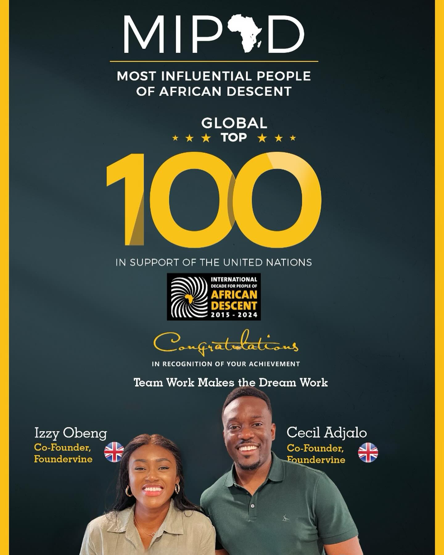 Top 100 Most Influential People of African Descent U’40 🎖️
In support of the International Decade for People of African Descent, proclaimed by United Nation’s General Assembly resolution 68/237, the Most Influential People of African Descent (MIPAD) identifies high achievers of African descent in public and private sectors from all around the world 🌍
It’s official - we’re on the 2024 MIPAD list ✨
I couldn’t think of anyone I would want to share this with more than my @foundervine co-founder Cecil Adjalo (@cecmonic). Our shared values, crazy work ethic and commitment to building a world better than we found it have got us here. Here’s to another decade of impact 🚀
A special thank you to the @mipad100 team for the recognition
—
#Business #Entrepreneurship #Leadership #MIPAD #africa