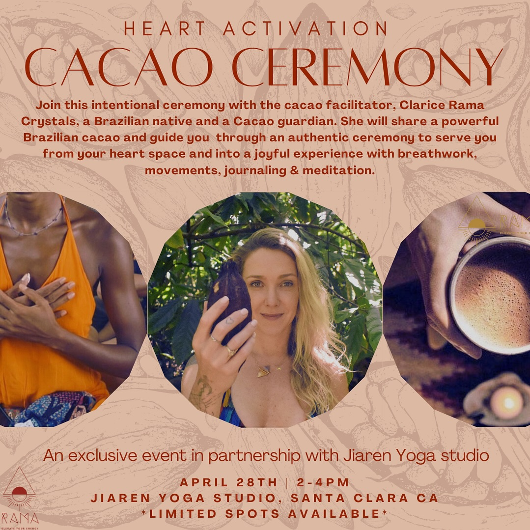 Cacao is a heart opener and strong medicine bringing us back to our senses and enhancing the ability to tune into pleasure.
⠀⠀⠀⠀⠀⠀⠀⠀⠀
Clarice is a Brazilian native living in Santa Cruz. She will share a special Cacao from Brazil for the first time here in Santa Clara, and guide you on a journey with powerful breathwork, movement, meditation and sound.
You will feel a sense of calm in the mind, a deep connection through an open heart, and witness energy flowing through and around the body.
Cacao is more than a chocolate, it is a spiritual dimension, an intelligence that we cannot perceive with the mind, but with the heart, intuition, and feelings.
In a ceremony, Cacao is used in an intentional, sacred way and respected as a plant medicine. It is a powerful catalyst for healing work. This is a lovely practice to create a sacred heart space for yourself.
Celebrating and honoring Cacao as a sacred drink in a space of togetherness at ceremonies or rituals, is an ancient tradition, originating from the Mayas and Aztecs in Central and South America.
Cacao contains the neurotransmitters serotonin and dopamine. These assist with feelings of well-being, can combat stress and anxiety, and contribute to motivation.
Cacao is one of the highest sources of antioxidants and magnesium, is extremely beneficial to heart health, and helps lower blood pressure.
You will leave feeling both energized and grounded. This journey assists in clearing the mind and bringing blood flow and oxygen to your body and naturally uplifts the spirit.
You are our special guest! 🤎
Let’s celebrate Mother Earth together and honor the most powerful medicine of the heart, Cacauzita!
April 28th
2- 4pm
*limited spots available
#cacaoceremony #cacao #cacaobayarea #cacaofrombrazil #healingspace #cacaoceremonies #santaclara #heartchakra #holisticevent