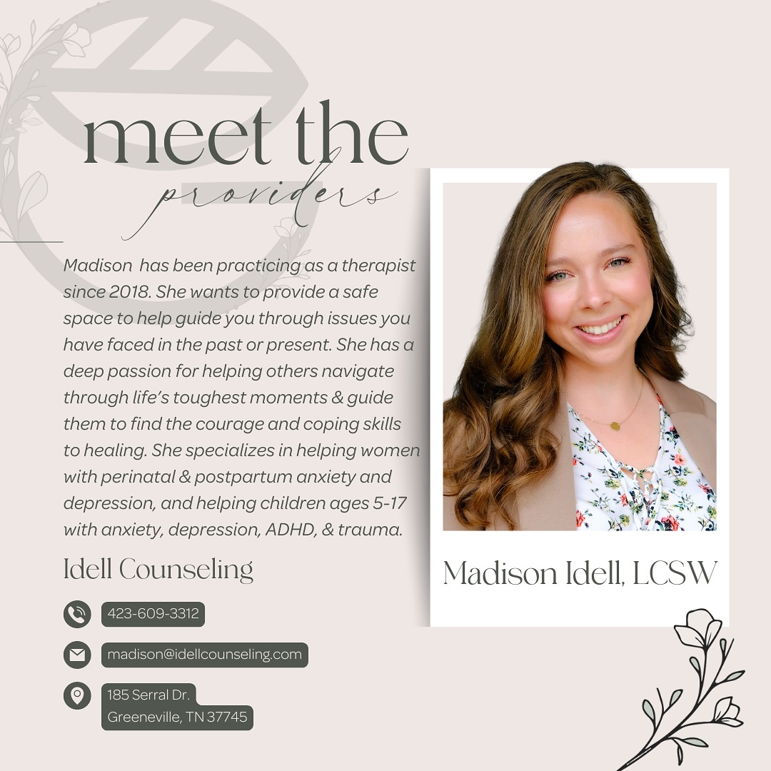 Let’s get back to meeting our Grove providers! Each provider brings unique expertise and a deep passion for holistic care, ensuring you receive comprehensive support tailored specifically to your needs.
🌟 Up next is Madison Idell, LCSW! 🌟
Struggling with anxiety, depression, or trauma? Madison is a compassionate therapist who truly understands your challenges. With experience in perinatal & postpartum mental health and working with children, she’s ready to listen and guide you to healing. Contact Madison to find the support you need!
Get more info about Madison and @idellcounseling:
📞 423.609.3312
📧 Madison@idellcounseling.com
💻 www.idellcounseling.com
#MadisonIdell #therapist #perinatalmentalhealth #postpartumdepression #postpartumanxiety #childtherapy #childanxiety #childdepression #ADHD #trauma #healingfromtrauma #mentalhealth #counseling