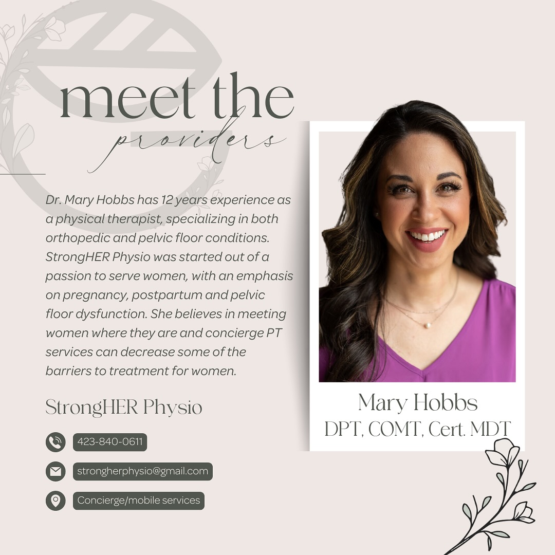 🌟 Let’s meet Mary Hobbs, DPT, COMT, MDT! 🌟
Dr. Mary Hobbs, a physical therapist with 12 years of experience, specializes in orthopedic and pelvic floor conditions. She founded StrongHER Physio out of a passion for empowering women, offering personalized care for pregnancy, postpartum, and pelvic floor dysfunction. Dr. Hobbs believes in meeting women where they are, providing concierge PT services to remove barriers to treatment. Her goal is to help women feel strong, confident, and capable throughout all stages of life, from pregnancy to menopause.
Get more info about Dr. Mary and @strongherphysio:
📞 423.840.0611
📧 strongherphysio@gmail.com
#DrMaryHobbs #physicaltherapy #womenshealth #pelvichealth #strongHERphysio #conciergept #pregnancy #postpartum #menopause #perimenopause