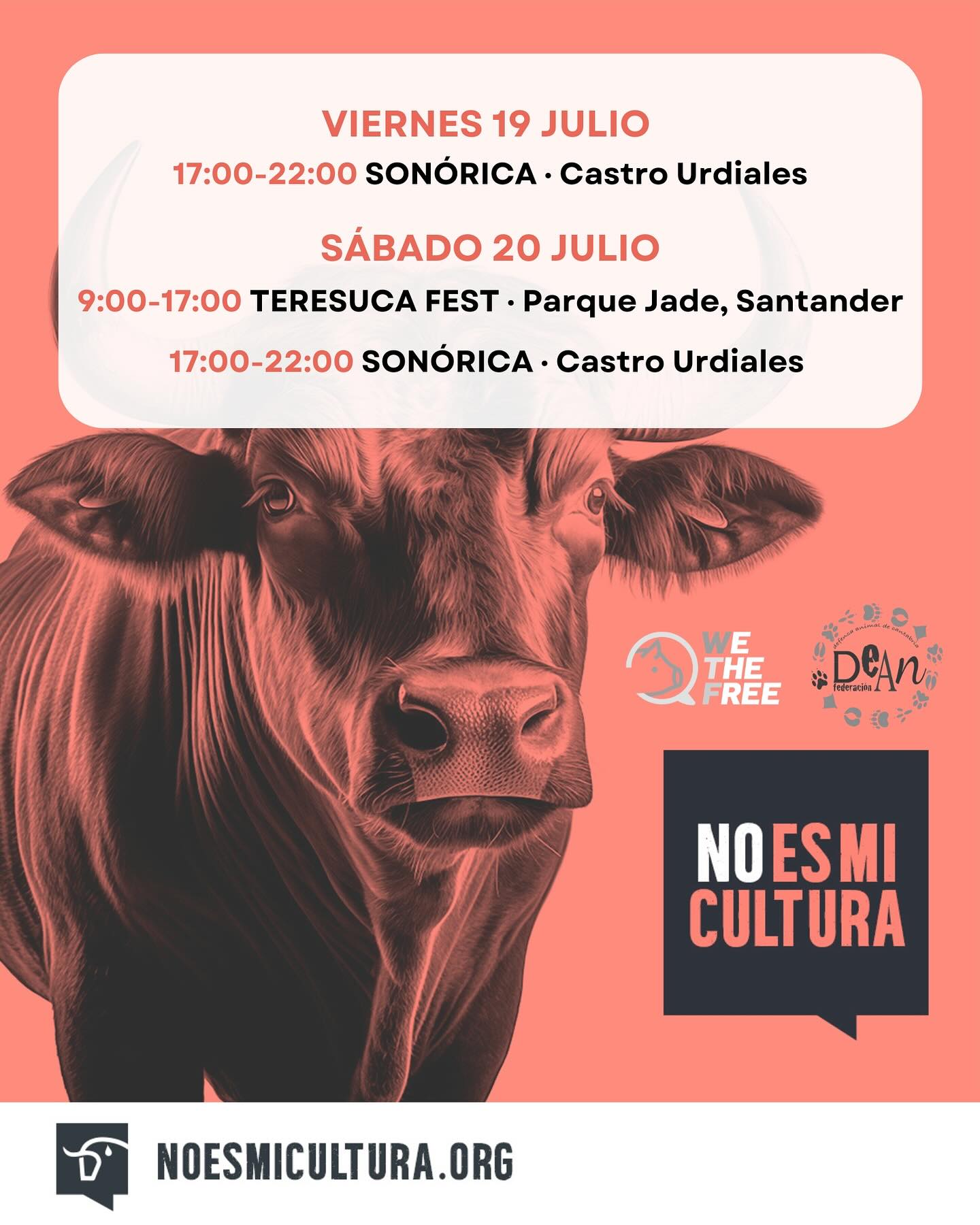 Este viernes y sábado te esperamos en @teresucafest (Parque de Jado, Santander) y en @sonorica.es (Castro Urdiales). 📝 ¡Necesitamos tu firma para acabar con la tauromaquia! 🛑🐂 Solo quedan 3 meses para sacar esta ILP adelante y que las corridas de toros no sean consideradas patrimonio cultural. 🙏🏻 ¡No faltes! Tu firma es importantísima. ✊🏻💚
@noesmicultura.ilp #noesmicultura #ilp #tauromaquiaabolicion #dinoalatautomaquia #niartenicultura
