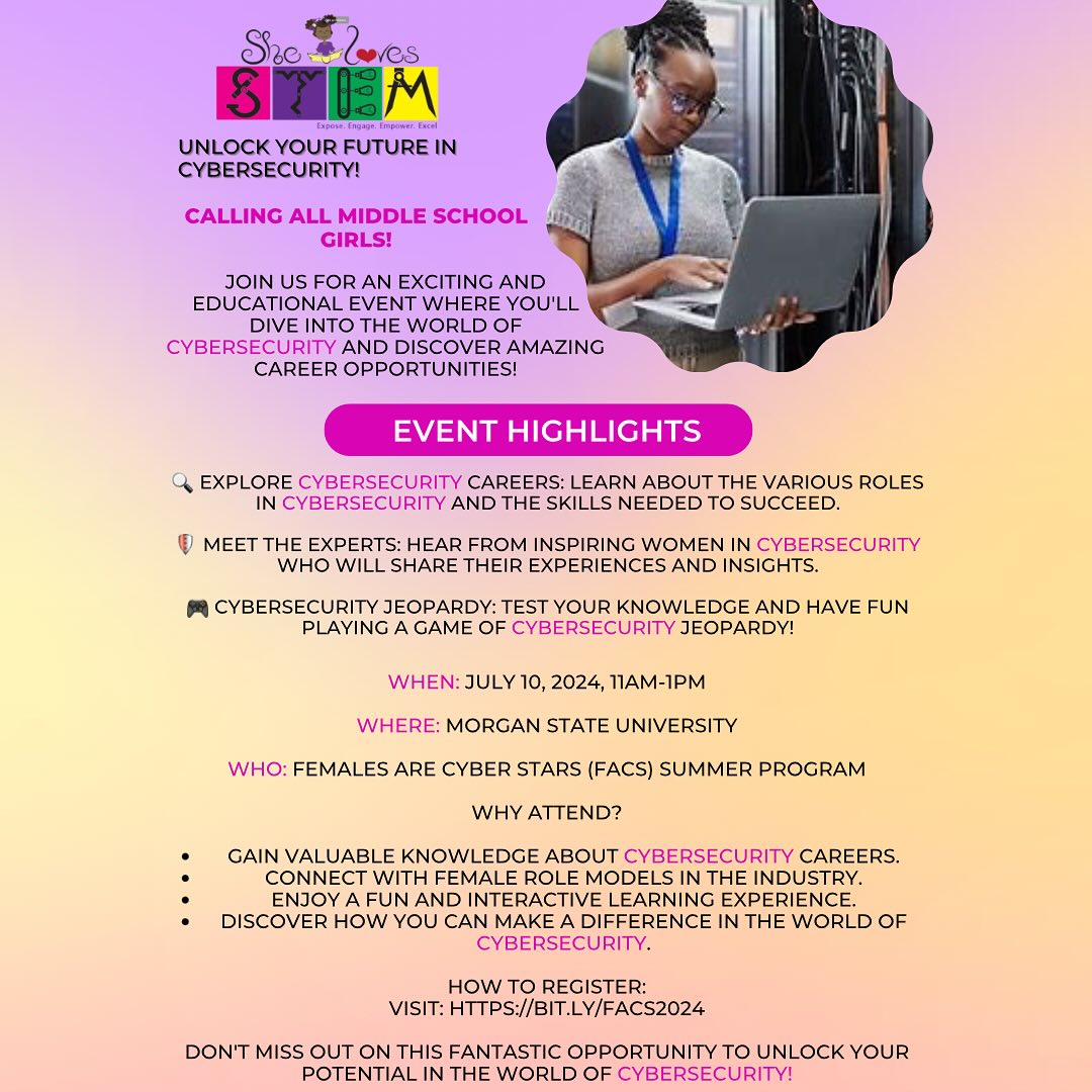 We’re looking forward to hosting our Cybersecurity Jeopardy Game at @morganstateu for their FACS (Morgan State University Females Are Cyber Stars) Summer Program on Wednesday, July 10th, 11AM-1PM. 👩🏾💻👩🏽💻👩🏼💻👩🏻💻. #cybersecurity #cyberforgirls #futurecybergirl #futurecybersecurityengineer #futurecybersecurityprofessional #shelovesstem💻 #futurecyberwarriors #futurecyberpros #whosaidshecant #ifhecanshecan #ifhecanshecantoo