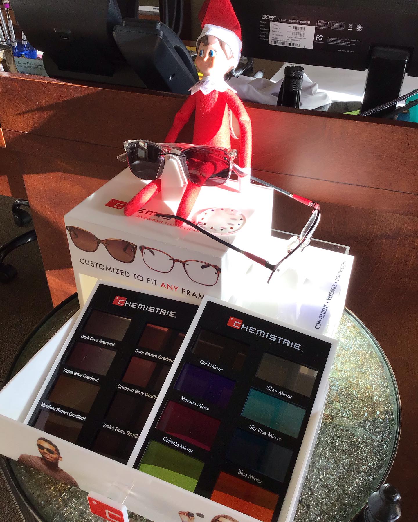 Have you thought glasses with clip ones? These are custom made clips. They’ll go on any lens shape!! Thanks Fred for showing these off!!! #elfintheoptical #elfontheshelf #christmas #presents #lakeway #lakewayvision #optical #chemistrieclips #clipons #sunglasses #custom