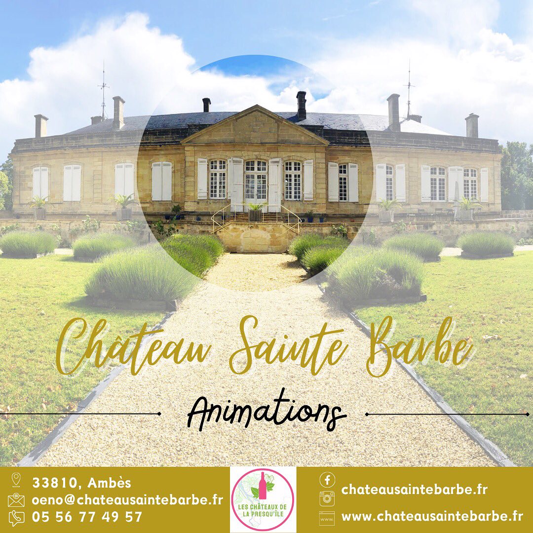 A l’occasion des Journées Portes Ouvertes des châteaux de la Presqu’île, nous vous avons concocté un super programme :
• Visites et dégustations
• Repas les samedi et dimanche midi par le chef Itinéraire Culinaire, sur réservation 05 56 77 49 57 ou par mail oeno@chateausaintebarbe.fr
Au menu :
Oeuf de caille, mayonnaise truffée et magret fumé Grattons de Lormont revisités
Asperges vertes, poitrine fumée, parmigiano reggiano et noisettes torréfiées
Boeuf mariné, juste saisi, sauce sésame et pickles de légumes
Chocolat en folie, fruits rouges et noix de pécan caramélisées
• Stands et Expositions (peintures, photographies, lampes, bières artisanales, minéraux avec micro-observation
• Découverte du disque-golf
• Activités pour enfants (mikado géant, jeu de piste, ballon, balançoire, ...)
A très vite !