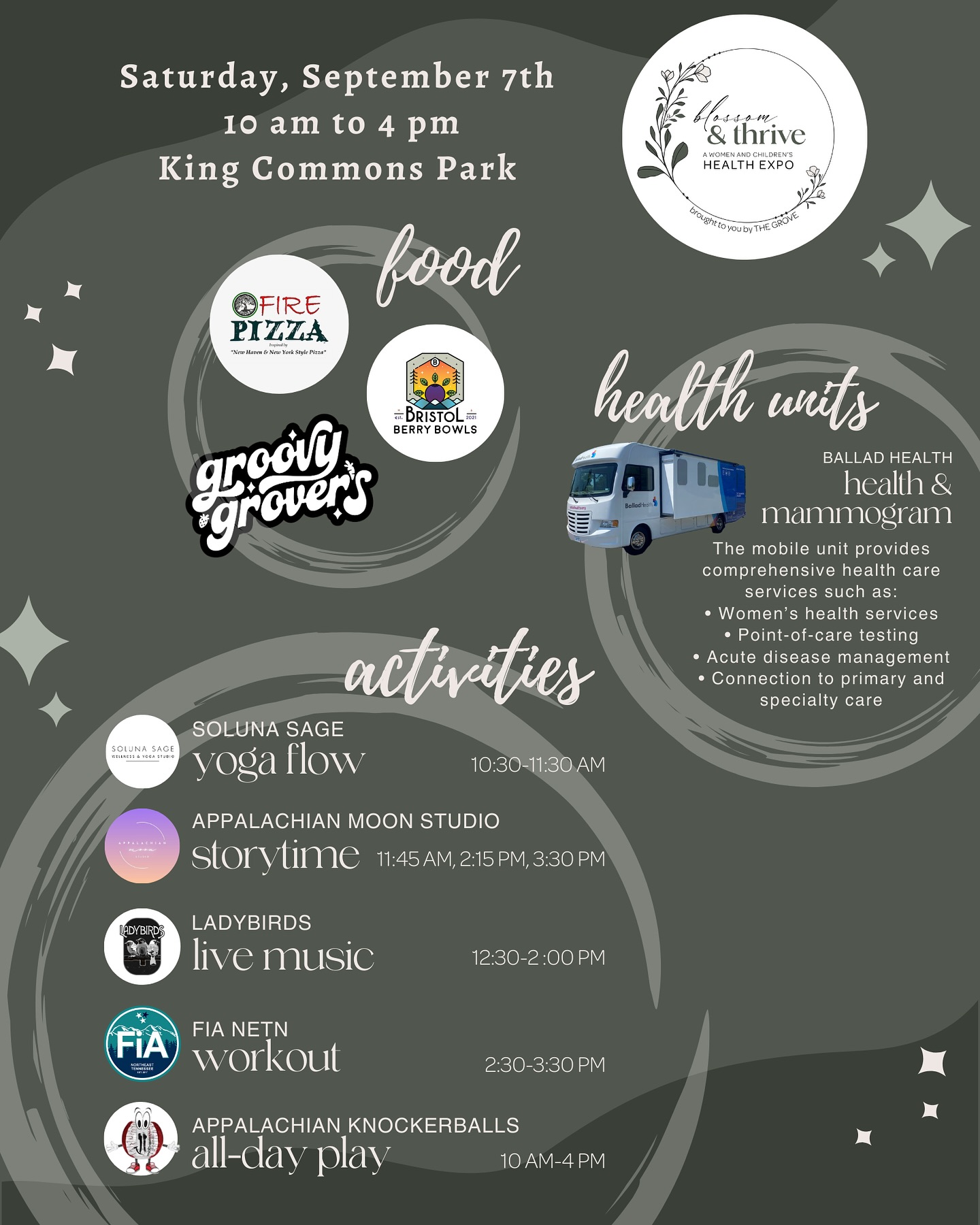 Get ready, mamas! The Grove’s 1st Blossom & Thrive Health Expo (a women and children’s resource fair) is NEXT Saturday!!
️🗓️ Saturday, Sept 7th | ⏰ 10am-4pm | 🌳 King Commons Park (Downtown Johnson City, TN)
This FREE event is all about empowering moms & families in our community.
🌸 Connect with experts in perinatal care, childbirth education, lactation support, pediatrics, physical therapy and more!
🌸 Indulge in delicious food and live music while you explore!
🌸 Activities throughout the day, including yoga, group exercise, storytelling and Knockerballs!
🌸 Mobile health units providing comprehensive health care services!
🌸 Goody bags for the first 200 attendees, plus over 25 amazing door prizes!
Come meet local providers, build a support network, and discover resources for healthy living. We can’t wait to help you Blossom & Thrive!
#BlossomandThrive #TheGroveTNVA #WomensHealth #TriCities