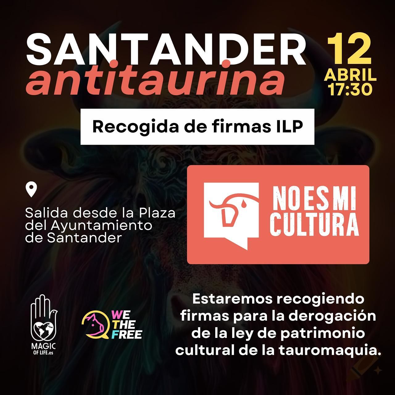 Este viernes saldremos de la Plaza del Ayuntamiento de Santander y haremos un recorrido por la ciudad recogiendo firmas para la derogación de la ley de patrimonio cultural de la tauromaquia. ✍🏻 Estas firmas son importantísimas ya que este es un paso necesario para abolir la tauromaquia en nuestro país. 🐂🚫 Necesitamos 500000 antes del 12 de noviembre. Iniciativa Legislativa Popular @noesmicultura.ilp promovida por @animanaturalis Podéis encontrar toda la info en @noesmicultura.ilp Os esperamos este viernes en la Plaza del Ayuntamiento a las 17:30 horas. 💚✊🏻 Por favor comparte este post para que llegue al mayor número de gente posible. 🙏🏻
Evento organizado por @magicoflife.es y @activism.wtfsantander
#tauromaquiabolicion #noesmicultura #noesmiculturailp #tauromaquia #ilp #animanaturalis #recogidafirmas #santander #cantabria #wtf