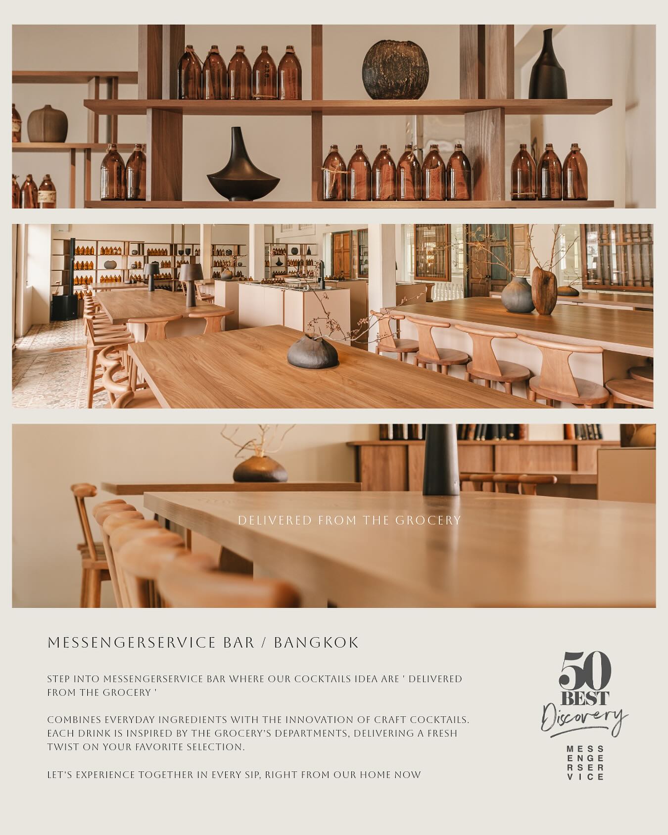 MESSENGER'S NEW HOME
Meet Messengerservice at new location in the heart of charming old town area. Located on 3rd floor of Baan Trok Tua Ngork, the over 100 years old heritage building. Our door will be open 6PM from Tue-Sun
DELIVERD FROM THE GROCERY
Step into Messengerservice bar where our cocktails idea are ' Delivered from the grocery '
Combines everyday ingredients with the innovation of craft cocktails. Each drink is inspired by the grocery’s departments, Delivering a fresh twist on your favorite selection.
Let’s experience together in Every sip, right from our home today.
Booking via our website at
www.messengersvc.com