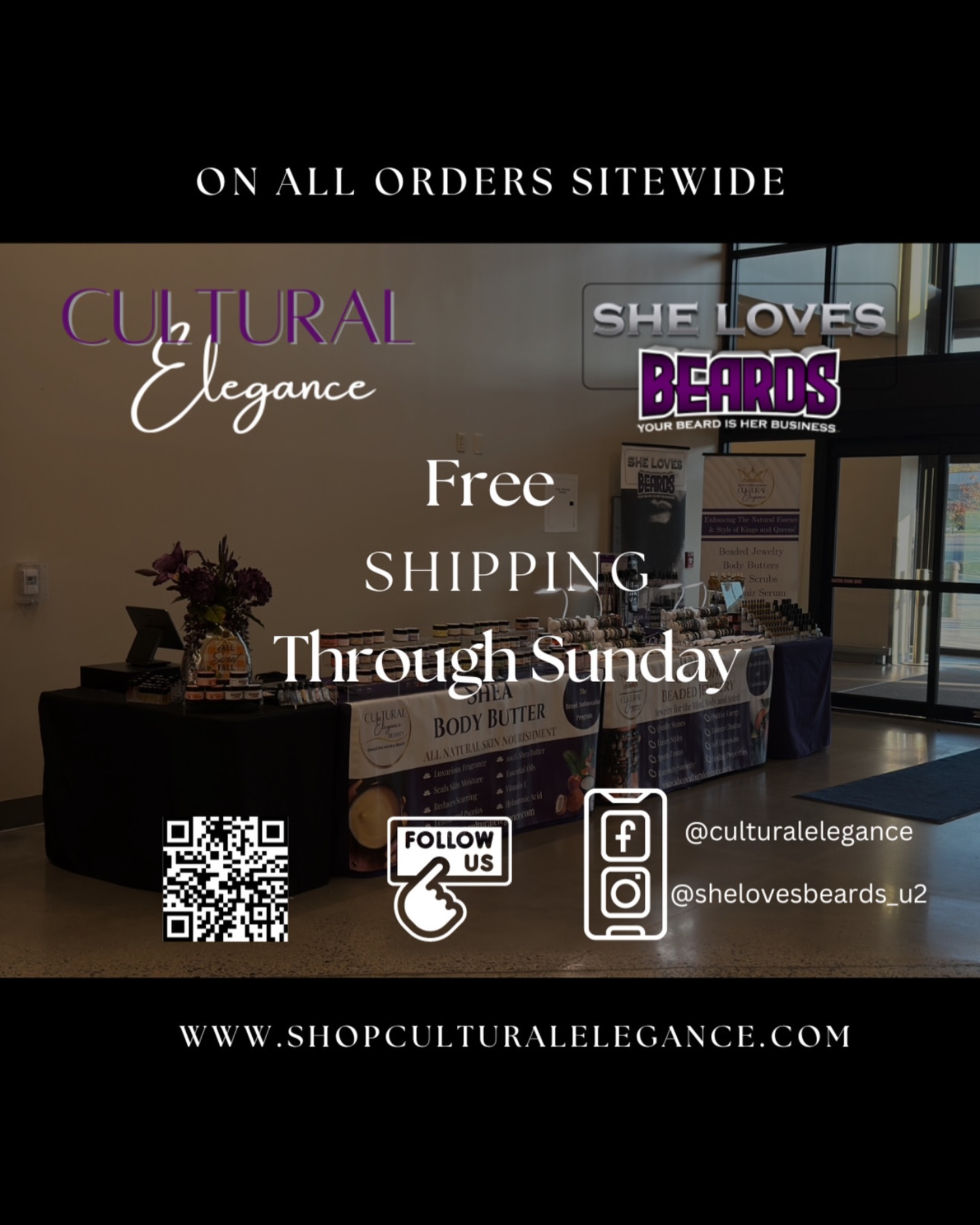 The kiosk will be closed this weekend on Andrews! All website orders are eligible for free shipping through Sunday!
#shelovesbeards_u2
#culturalelegancebeauty
#freeshippingsitewide #sheabutter #beardcare #beauty #beadedjewelry