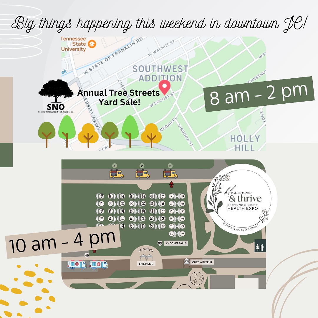 SO many amazing activities in @downtownjctn this weekend!!! Start your day with a treasure hunt at the BIGGEST and BEST yard sale in the Tri-Cities, the Tree Streets Yard Sale with @southsideneighborhoodjc !
Then, head over to King Commons Park for the @grovehealthcollective Blossom & Thrive Women and Children’s Health Expo! Let your kiddos play while you enjoy live music, yoga in the park, delicious food, outdoor workouts, storytelling, health screenings, and connect with 50 local women and children’s health providers, non profits, and retail vendors.
It’s the perfect way to spend the day and we can’t wait to see you there!!!
#TreeStreetsYardSale #HealthExpo #BlossomAndThrive #KingCommonsPark