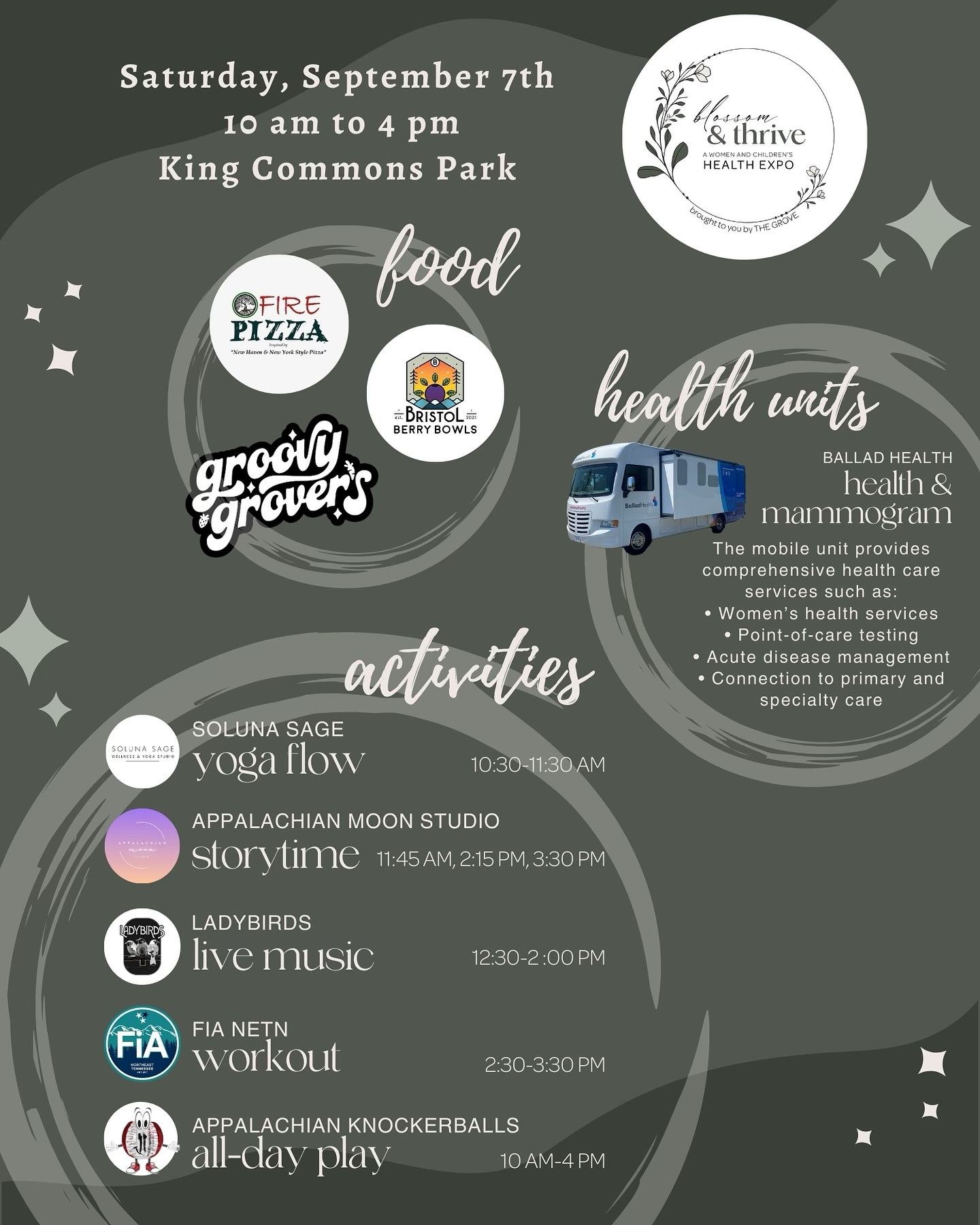 Mamas, mark your calendars! The Grove’s 1st Blossom & Thrive Health Expo (a women and children’s resource fair) is coming!
️Saturday, Sept 7th | ⏰ 10am-4pm | King Commons Park (Downtown Johnson City, TN)
This FREE event is all about empowering moms & families in our community.
🌸 Connect with experts in perinatal care, childbirth education, lactation support, pediatrics, physical therapy and more!
🌸 Indulge in delicious food and live music while you explore!
🌸 Activities all day, including yoga, group exercise, storytelling and Knockerballs!
🌸 Mobile health units providing comprehensive health care services!
🌸 Goody bags for the first 200 attendees, plus over 25 amazing door prizes!
Come meet local providers, build a support network, and discover resources for healthy living. We can’t wait to help you Blossom & Thrive!
#BlossomandThrive #TheGroveTNVA #WomensHealth #TriCities