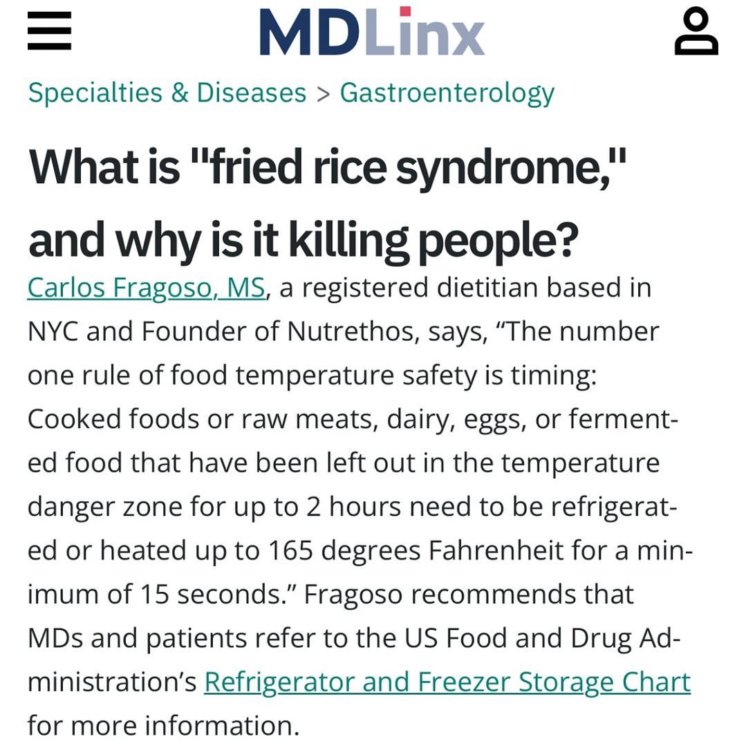 I am low-key a nerd for food safety - but for a good reason! I’ve personally experienced how dangerous food borne illness can be - it was the one and only time I’ve ever been admitted to the hospital! I suggest reading the full article to understand the basics of food safety to keep yourself healthy #nutrition #dieitian #nutrethos https://www.mdlinx.com/article/what-is-fried-rice-syndrome-and-why-is-it-killing-people/6vF2h3LUgmskW0wlnmjBob