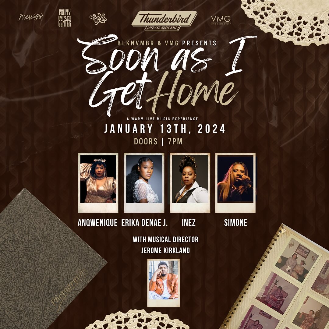@blknvmbrpgh & VMG presents: Soon as I Get Home. This intimate seated show experience features the voices of songstresses @sopranowing @erikadenaej @frominezwithlove and @misssimone412 with Musical Director Jerome Kirkland for a night of live warm and nostalgia-filled R&B and Soul music — just like Grandma’s house. Bring your favorite cousin on your daddy’s side, a friend, or your lover for an unforgettable night of vocal and musical excellence.
GRS will be there January 13th 2024 at @thunderbirdmusichall at 7 PM✨ link in bio for ticket info✨
