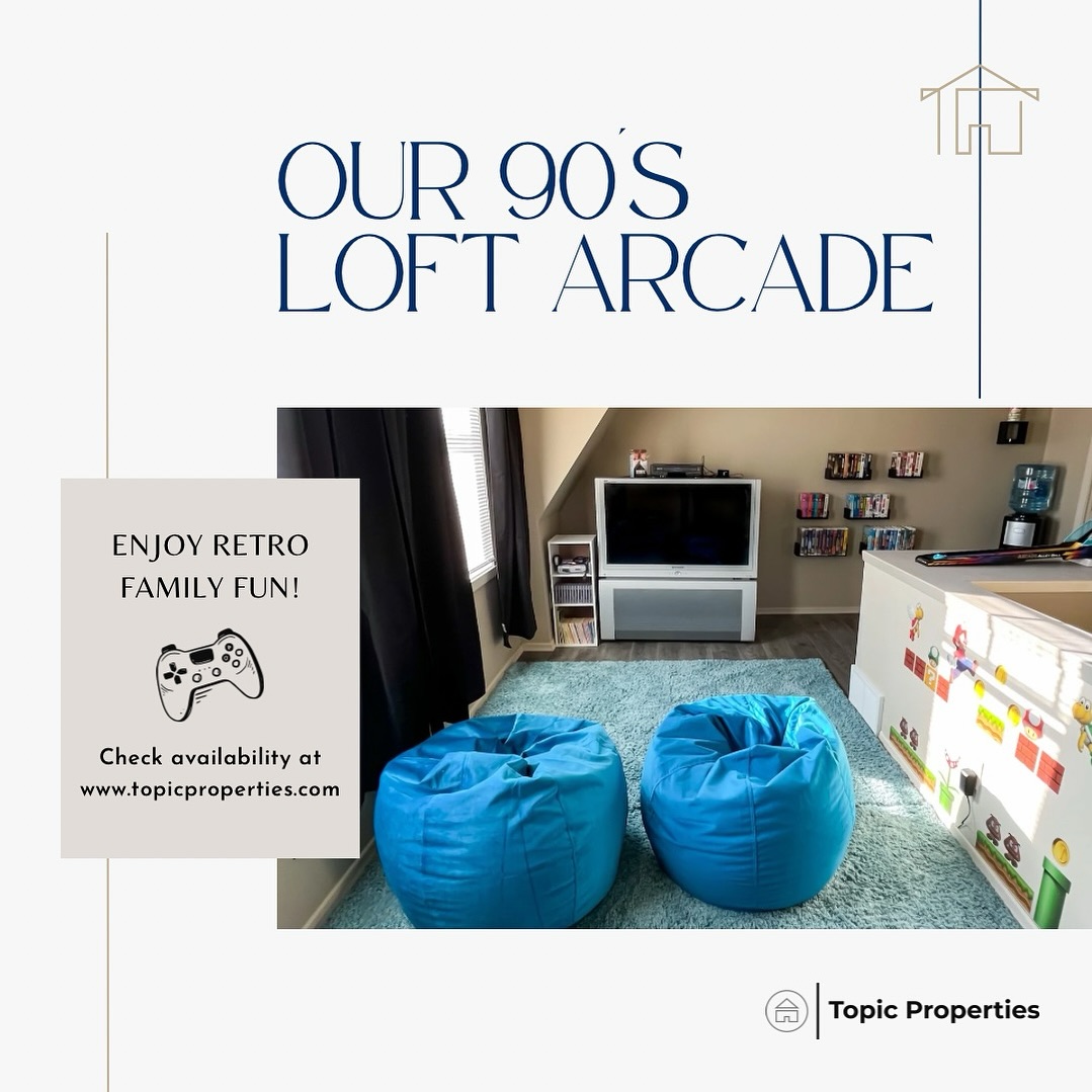 Our 90s theme loft is the ultimate hang out spot, complete with bean bags chairs, Super Nintendo, VHS collection, comic books, board games, Pac-Man arcade game and more👾🎮
Check availability at the link in our bio and start planning your visit today!