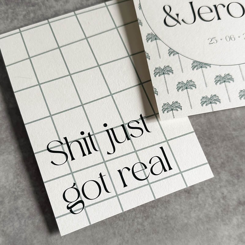 ✨ Shit just got real ✨ why not include a little bit of humour and reality in your save the dates? Weddings don’t have to be elegant, they can be full of humour, if you want it to. Let’s make your big day even more memorable and set the tone with fun wedding stationery.
#weddingstationery #funweddingstationery #funwedding #laidbackwedding #shitjustgotreal #trouwkaart #trouwkaartopmaat #unieketrouwkaart #uniekebruiloft #bruiloftplannen #trouwkaarten