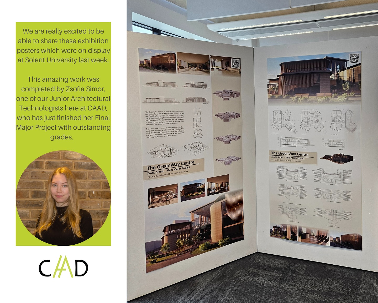 Big congratulations from us all at CAAD to Zsofia who completed her final exhibition this week before graduating her BA(Hons) as an Architectural Technologist. Well done, Zsofia! #caad #caadltd #design #exhibition #solentuniversity