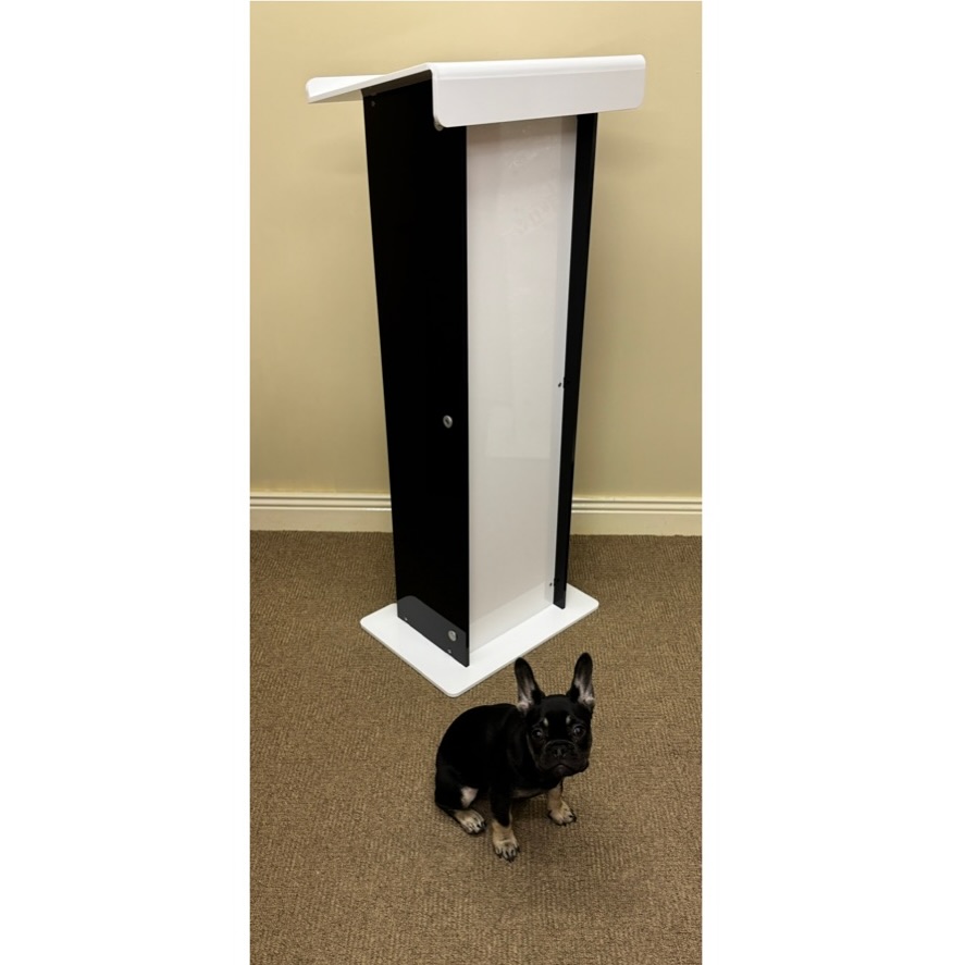 A little BTS here at Acrylic Design. Our smallest crew member Lola making sure the podiums she’s barking mad for are photographed correctly. She runs a tight ship! #podiums #lecterns #flatpacklectern #flatpackpodium #acrylic #perspex