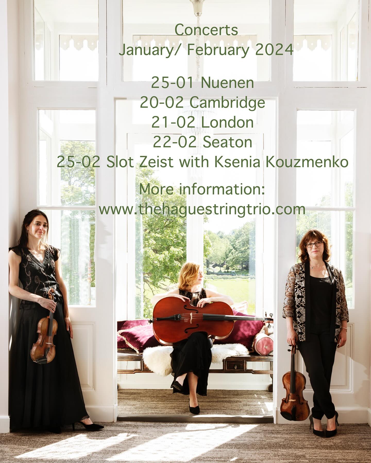 Coming up soon:
A new programme, âThe Roaring Twentiesâ, this Thursday in the Van Gogh kerkje in Nuenen
A tour of 3 concerts in England including the world premiere of a new piece composed by Robin Holloway for us in Cambridge
A performance in @slotzeist with the fabulous @kseniakouzmenko
We canât wait! đđ¶đ»
#stringtrio
#chambermusic
#letsmakemusic