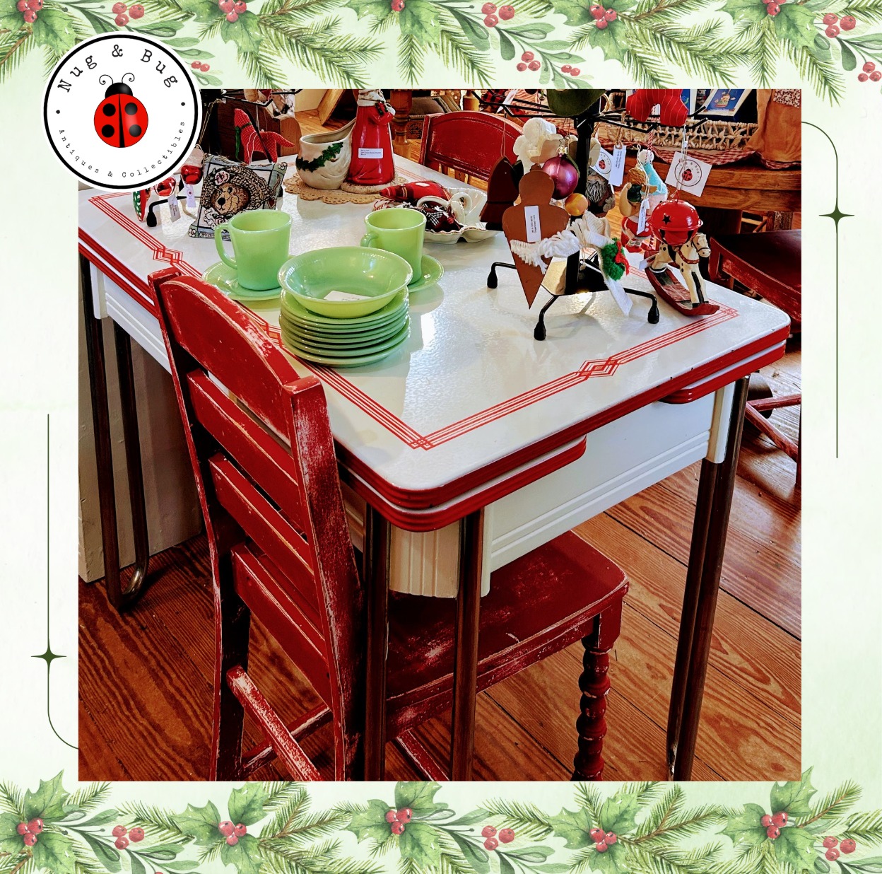 โจ Add a Pop of Retro Charm to Your Home! โจ
.
This vintage red-and-white enamel table and chair set is ready to bring some character to your space! Perfect for a cozy kitchen corner, craft station, or even a unique holiday display. Solid, sturdy, and full of nostalgic charmโwho could resist? ๐
.
Stop by Nug & Bug Antiques in Marlborough today to see it in personโthis beauty wonโt be here for long!
.
DM us for more details or measurements!
.
.
#antique #furniture #furnitureflip #reclaimed #collectible #jewelry #instagood #love #verabradley #connecticut #boutique #rarefinds #NugAndBugAntiques #MarlboroughCT #HolidayMemories #ShopLocal #VintageChristmas #retro