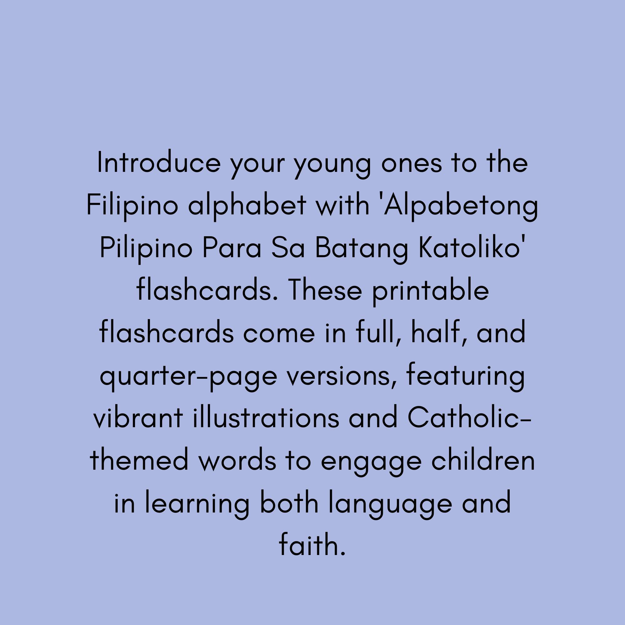 Alpabetong Pilipino Para Sa Batang Katoliko
Level: K-2
Php 105
USD 1.85
Get this file. Link in BIO.
Ipakilala ang alpabetong Filipino sa inyong mga anak gamit ang mga flashcards na 'Alpabetong Pilipino Para Sa Batang Katoliko.' Ang mga flashcards na ito ay printable at may mga bersyon na buo, kalahati, at kapatid ng pahina, na may mga matingkad na larawan at mga salitang may temang Katoliko upang makapag-aliw at makapagpatibay sa mga bata sa pag-aaral ng wika at pananampalataya.
Just a heads up - prices on our site are listed in Philippine pesos (PHP). For your convenience, we've provided an estimated price in US dollars (USD), but please keep in mind that currency exchange rates may fluctuate. We're working hard to make your shopping experience as smooth as possible, but if you have any questions about pricing or anything else, feel free to reach out. Happy shopping!
#alpabetongpilipino #flashcards #teacherpayteachers #filipino #tagaloglanguage
