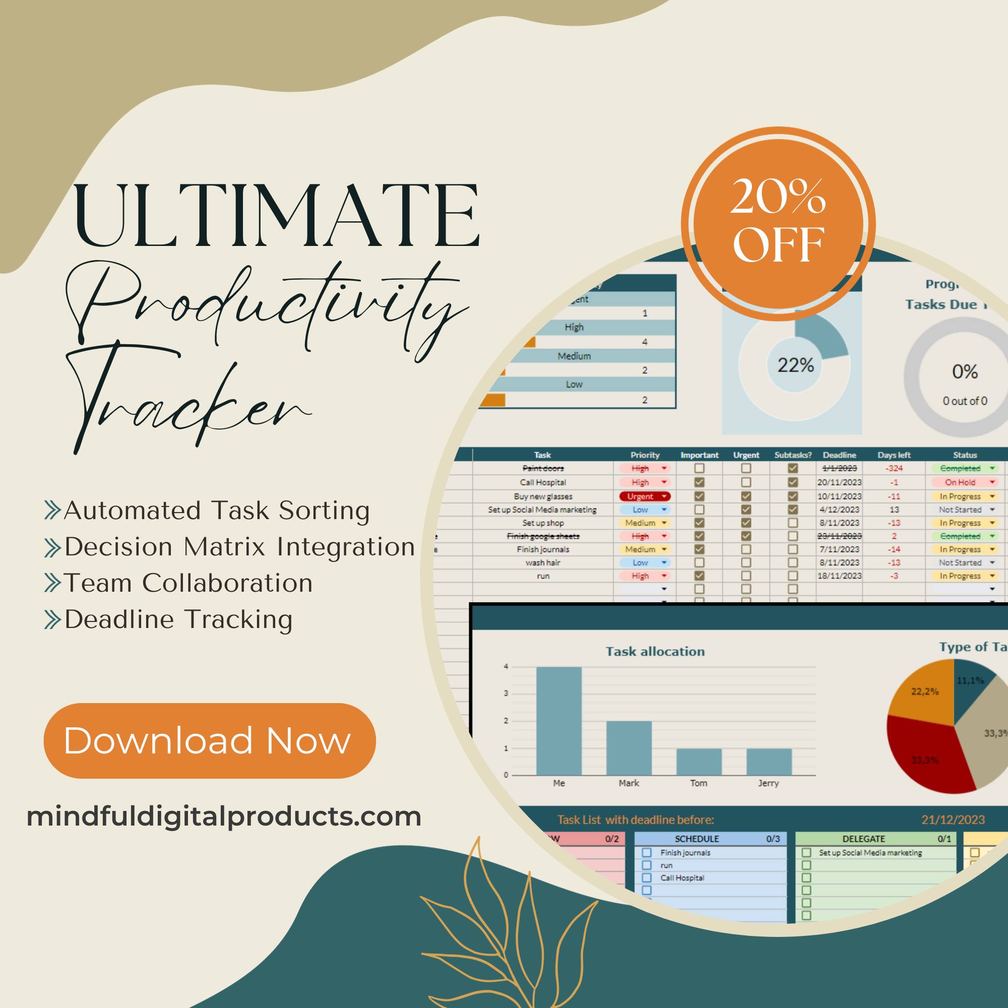 Work smarter, not harder! Streamline your tasks and boost your efficiency with our Ultimate Productivity Tracker!
🔹 Smartly categorize your daily tasks based on urgency and importance
🔹 Easily assign tasks to team members
🔹 Deadline Alerts and Progress Tracking
🔹 "Clean Up" feature to hide completed tasks
Get it now with 20% off and start ticking off that task list in style. Download at mindfuldigitalproducts.com
#boostproductivity #efficientteams #eisenhowermatrix #taskprioritization #stayontrack