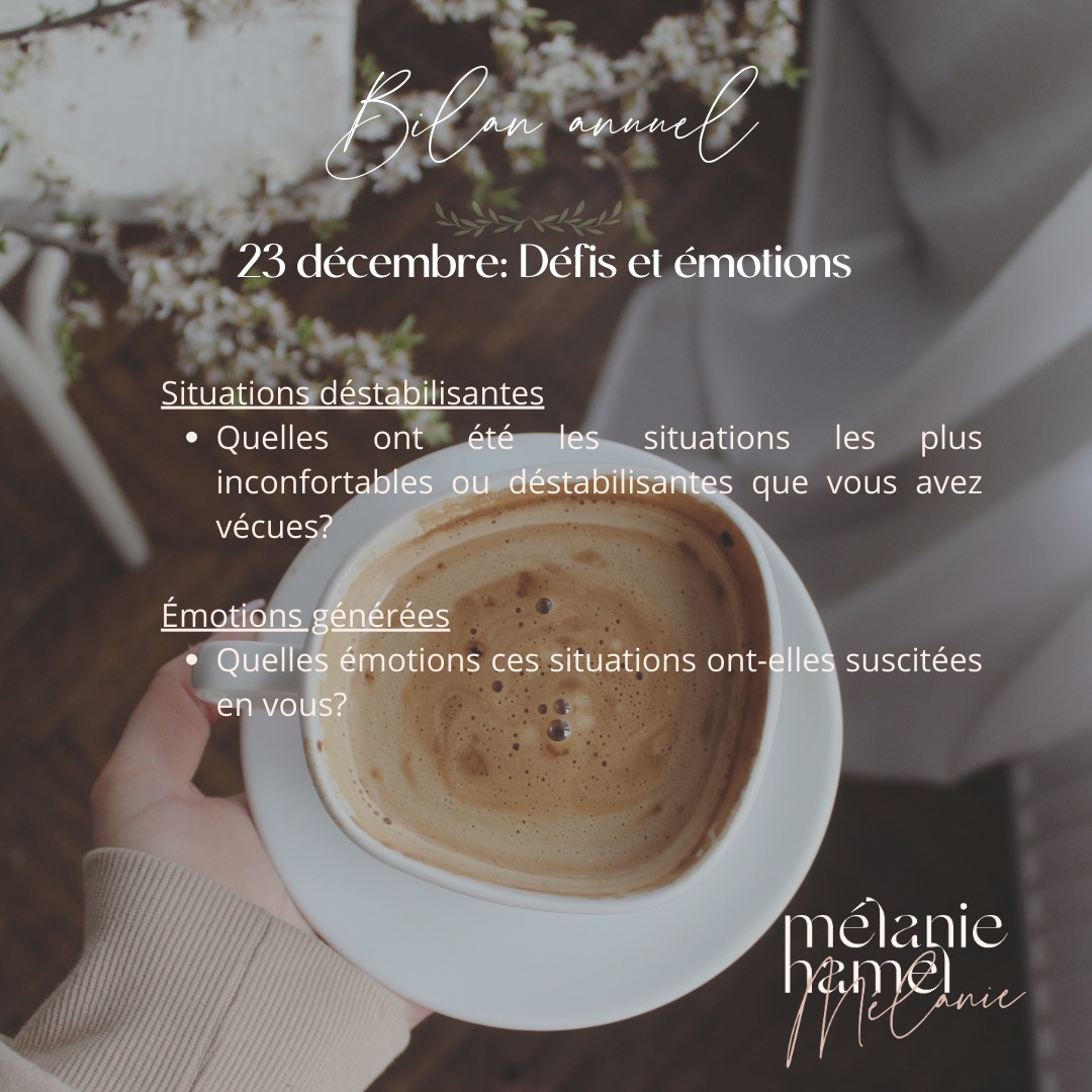 23 décembre: Jour 3 de notre bilan annuel ✨
Pour en apprendre sur soi, il est important d'observer les événements, les situations inconfortables. Ces situations nous révèlent des éléments importants sur nous.
Quelles ont été les situations les plus inconfortables ou déstabilisantes que vous avez vécues?
Quelles émotions ces situations ont-elles suscitées en vous?
Même si se remémorer ces événements peut être inconfortable, il nous relève des éléments importants sur nous, puisque c'est une belle occasion de grandir.
Pour ceux et celles qui désirent se procurer le cahier d'introspection pour réaliser votre bilan annuel, vous pouvez télécharger le guide directement sur mon site web en vous abonnant aux outils gratuits. Allez directement cliquer sur le lien dans ma bio!