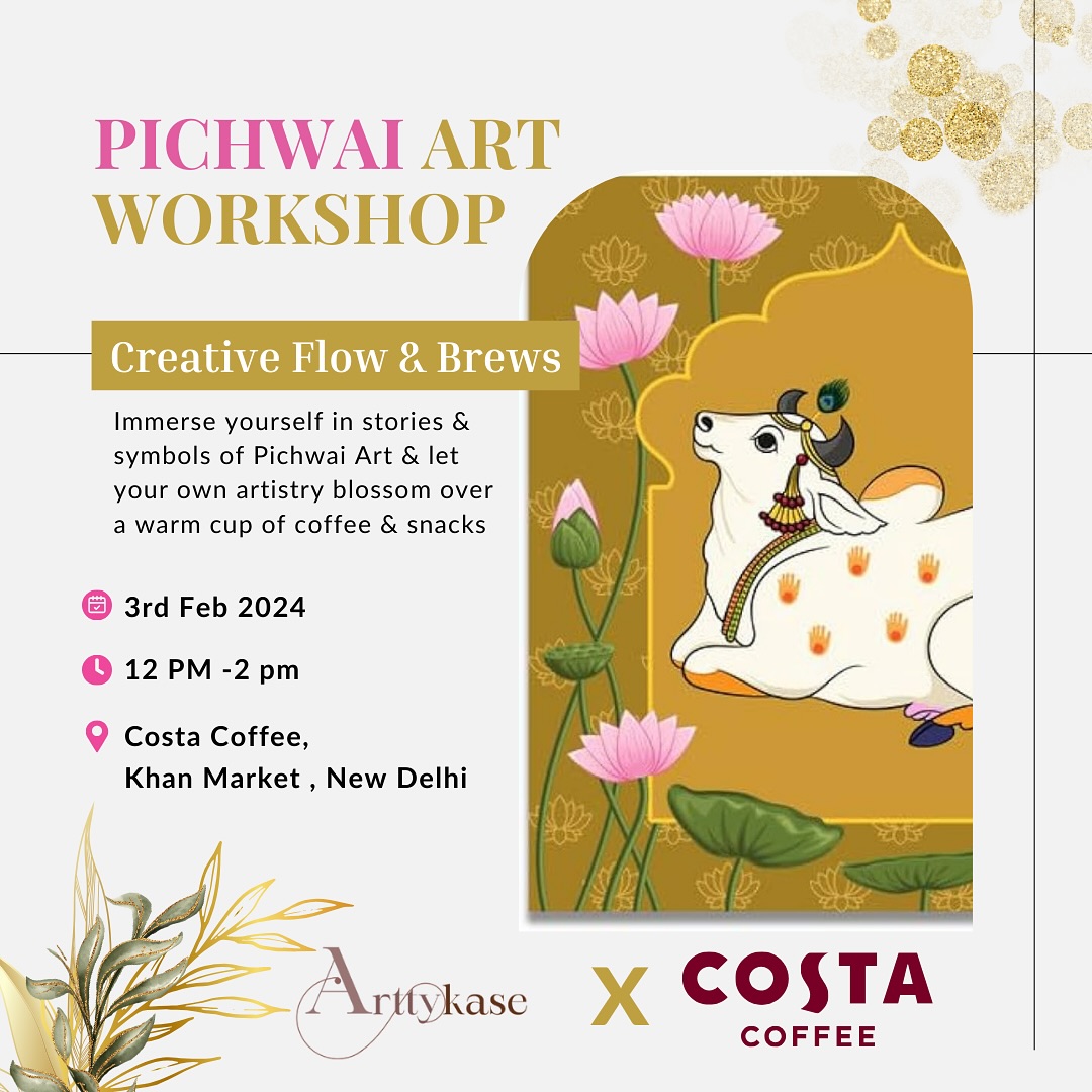Unleash your inner artist and create a stunning piece of Pichawai art!
Join us for a fun and vibrant workshop on
🗓️Saturday , February 3rd, 2024,
🕰️12 PM to 2 PM
📍Costa Coffee, Khan Market. ☕️
✨No prior art experience needed!✨
This workshop is perfect for beginners and anyone who wants to explore this beautiful traditional Indian art form.
In this workshop, you will:
• Discover the rich history and symbolism of Pichawai art
• Create your own unique masterpiece to take home!
All materials will be provided, so you just need to bring your creativity and enthusiasm.
#pichaiartworkshop #delhievents #coffeelover #creativity #khanmarket #culturalart #noexperience #allmaterials #takehomeart #earlybird #workshopindia