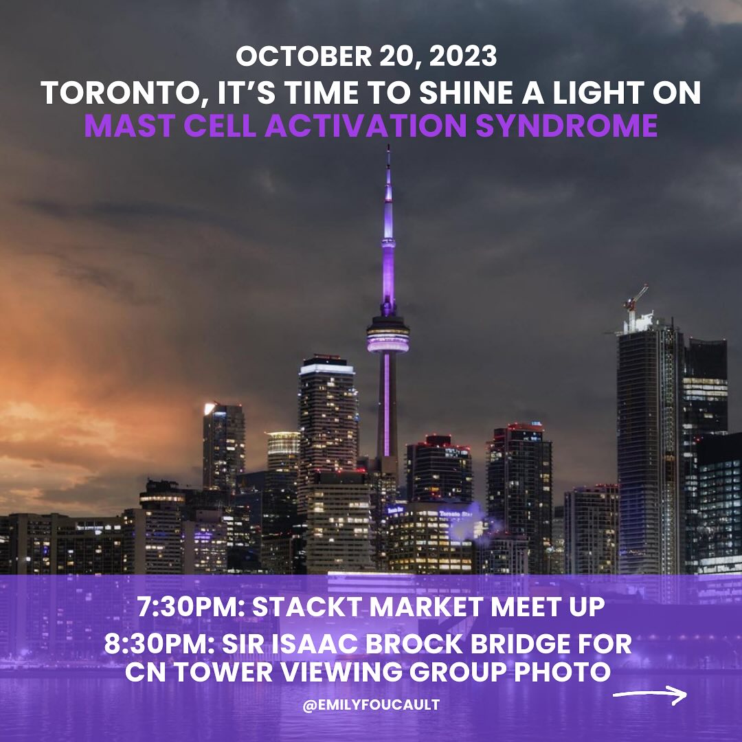 👣People living with Mast Cell Activation Syndrome (MCAS) deserve better and raising awareness is the first step.
🥰 This Friday October 20 is Mast Cell Awareness Day and I’m excited to share that the @cntower will be illuminated in purple 30 mins after sunset to acknowledge and honour the day! And I want you to join me.
🗓️ If you live in the Greater Toronto Area, please join me this Friday October 20 at 7:30PM @stacktmarket for an evening of solidarity, community-building and a group picture to raise awareness for people living with Mast Cell Activation Syndrome.
💜 People living with MCAS face many barriers to diagnosis, support and treatment. We deserve more information and accessible and effective medical care. Let’s change that.
📣 Please share this post far and wide so we can reach as many people with MCAS in the Toronto area as possible. You may know someone with this illness who lives here, whether they've told you or not.
💌 Please DM me with questions and thank you for your support.
📸 @jgazze
.
.
.
.
.
.
#CNTower #Toronto #ChronicIllness #ChronicIllnessSupport #CdnPoli #MedicalResearch #MCAS
#mastcellactivationsyndrome #the6ix #stackt #stacktmarket #lightupmastcell #raredisease #torontoevents #raredisese #mcas #lowhistamine #chronicillnessawareness #spoonie #spoonielife #spooniesupport #antiinflammatorydiet #lowhistaminediet #healthylifestyle #awareness #rarediseaseday #mastcell #mastcellactivationdisorder #mastcelldisease #mastcellactivation