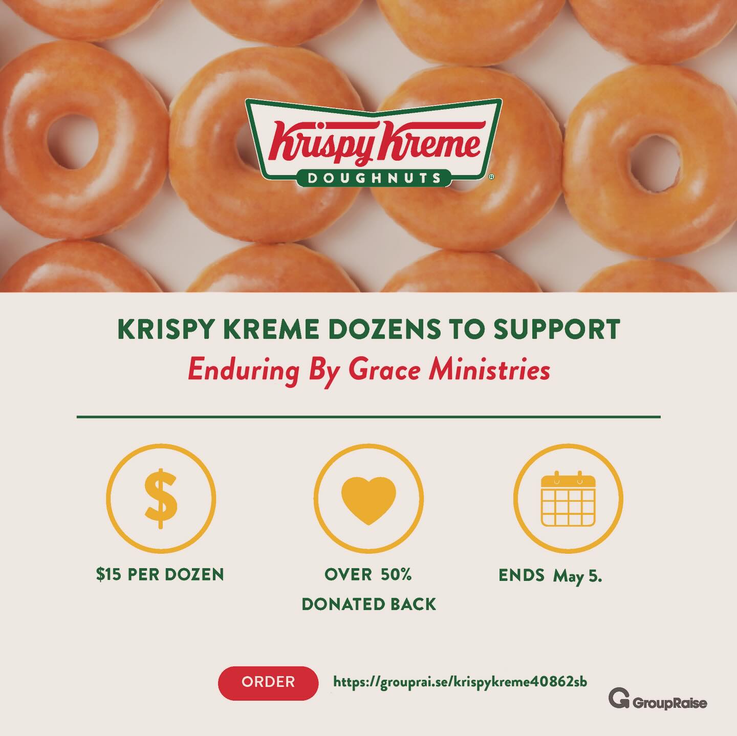 Calling all doughnut lovers! 🍩😍 This Thursday, has the opportunity to earn a special bonus donation for our GroupRaise Digital Dozens fundraising campaign! How? It’s simple: All we need to do is sell as many dozens of Krispy Kreme doughnuts as possible on Thursday, April 11th 🍩😋 Indulge yourself or surprise your loved ones with some mouthwatering original glazed doughnuts, and together, let’s help rise to the top of the weekly leaderboard 🥇 P.S. you can also opt for a monthly subscription and enjoy a delightful dozen each time! Don’t forget to bookmark our campaign link and let’s raise some dough together! groupraise.com/oc/40862
#GRkickoffchallenge #groupraisegiveaway #groupraise #krispykreme #fundraising