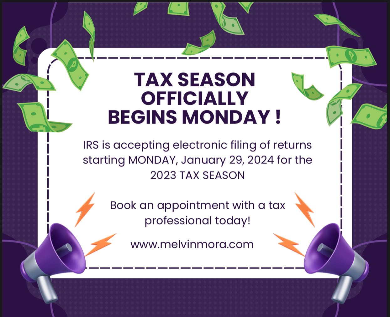 ‼️IRS OPENS FOR E-FILE MONDAY 1/29‼️
If you have your tax forms ready, book an appointment with one of our professionals. Consultations & estimates are FREE! 💰