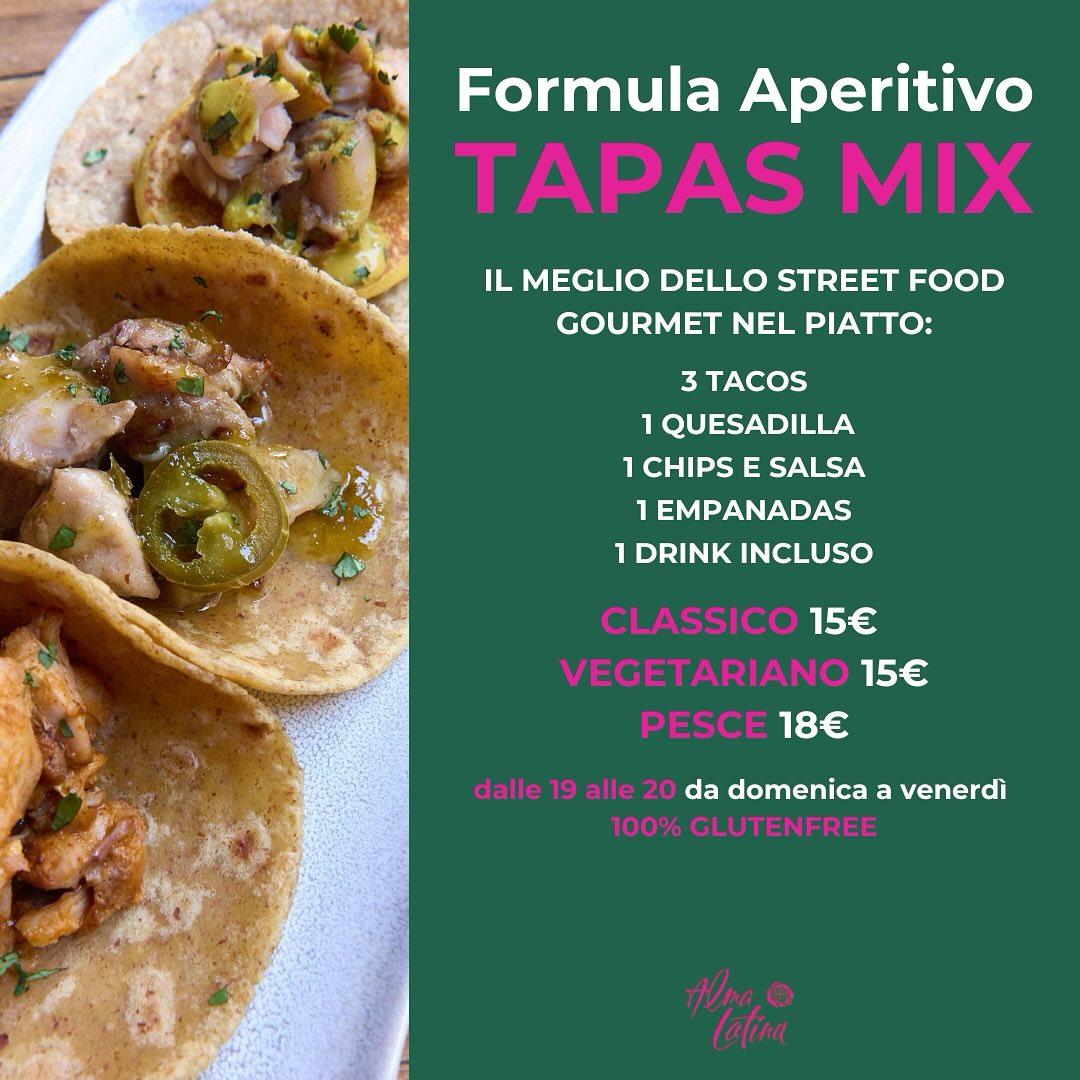 Dalle 19 alle 20 da domenica a venerdì, hai la possibilità di regalarti il meritato relax dopo una giornata di duro lavoro, in compagnia di quelle persone speciali che ti fanno sentire a casa ovunque tu sia.
👫👬👭
Sí, perché le tapas non sono solo un “coperchio” con cui difendere il tuo bicchiere dagli invasori alati dopo il tramonto... .
Sono un vero e proprio gesto di condivisione.
Un invito a rallentare e a godersi il momento presente.
Vieni a scoprire l’autentica esperienza Tapas con la nostra selezione di tacos, empanadas, quesadilla, chips y salsas! 😋🤩
Drink a scelta tra quelli proposti + Degustazione Tapas Rigorosamente GLUTEN FREE = €15!
🗓️ Da domenica a venerdì ⌚ 19:00 - 20:00📍 Alma Latina, Via Baretti 8 Bis
La tua Hora Feliz ti aspetta!
#local #senzaglutin #senzaglutine #glutenfree #tacos #food #sìètuttosenzaglutine #foodporn #cucina #sansalvario #torinofoodporn #igpiemonte #igtorino #torino #mexicanfood #ristorantemessicano #eventitorino #degustazione #atmosfera #tortilla #guacamole #torinofood #aperitivotorino
#apericena #tapasbar #tapastime #tapastorino