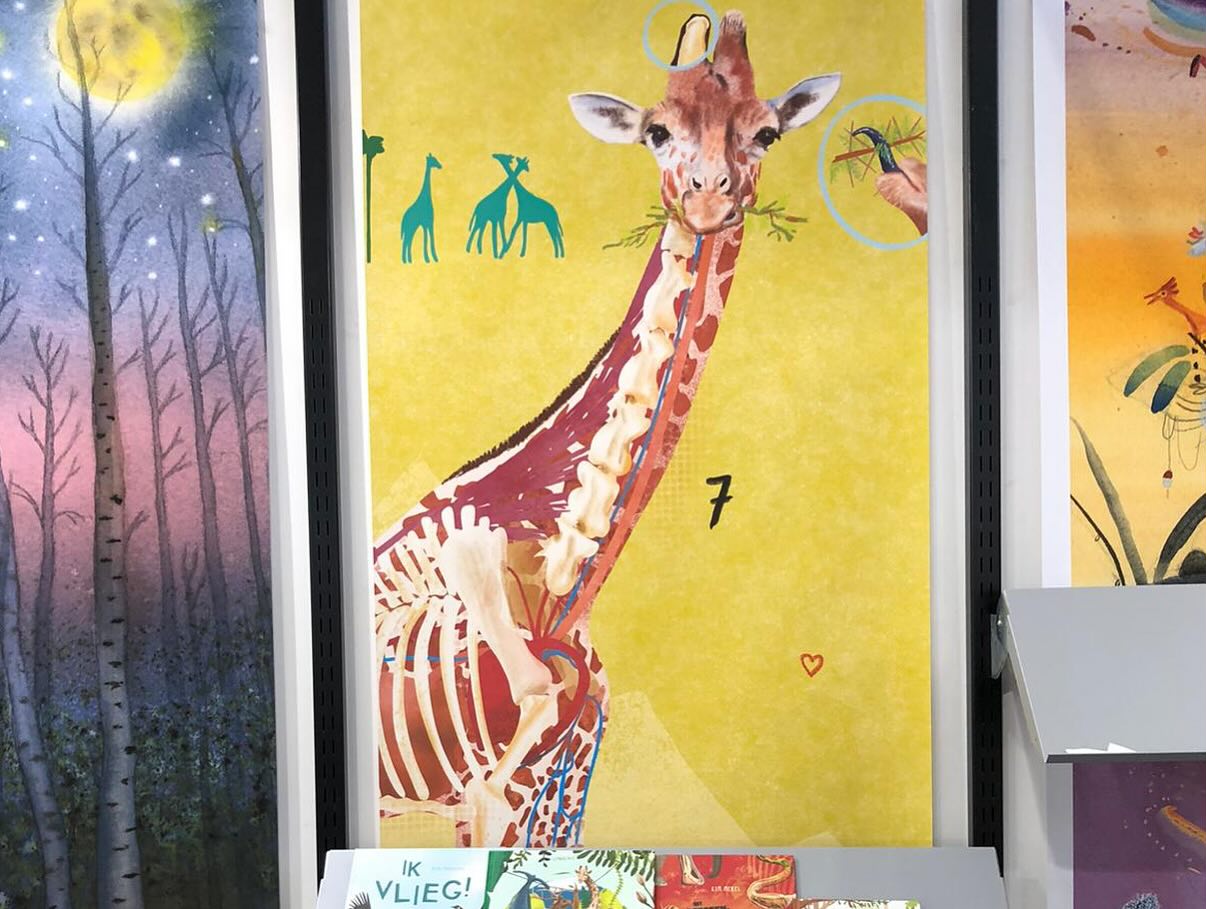 Knijp me even! M’n illu van deze giraf hangt levensgroot op dé grootste kinderboekenbeurs ter wereld: @bolognachildrensbookfair ✨! In de stand van @uitgeverijlemniscaat kijkt ‘ie mee met Robin van @lemniscaatrights (2e foto, zie hem hard aan t werk) die alle prachtige Lemniscaatboeken laat zien aan buitenlandse uitgevers. Spannend…! Nu hopen dat er een vertaling uitrolt. 💫
En knijp me nog maar een keer, m’n werk hangt gewoon tussen werk van grootse namen die ik bewonder; Linda Faas, Pieter Koolwijk, Sacha Heemels, Marc Janssen om er maar een paar te noemen 🥹.