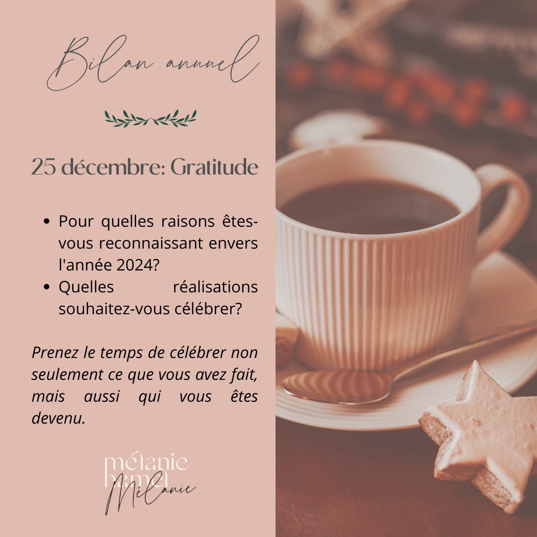 Je vous souhaite un Joyeux Noël! 🎄
J'espère que vous passez un bon moment, que ce soit en solo, en famille, mais que vous soulignez les fêtes comme vous aimez!
Même si nous sommes le 25 décembre, je vous partage les réflexions du jour que vous pourrez réaliser à un autre moment, si ce n'est pas idéal aujourd'hui.
J'ai joint à cette publication, les autres réflexions du bilan annuel pour les prochain jours 26-27-28-29-30 et 31 décembre prochain.
J'espère que vous prendrez plaisir à y répondre et que vous découvrirez des réponses, des pistes, des prises de conscience pour mieux vous propulser en 2025.
Joyeuses fêtes! ✨🥂