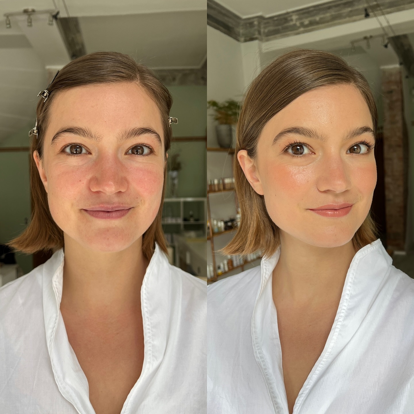 Beautiful Before - Beautiful After 🫶🏻🤍😌 SWIPE
Heute mit dem Thema: Farben und Farbauswahl beim Make-Up - kennt ihr schon euren Farbtyp?
Hier zeige ich euch 2 meiner wunderschönen Coaching-Kundinnen, Melina (Bild 1) und Charlotte (Bild 2).
Beide kamen mit unterschiedlichen Anliegen zu mir - Charlotte hat zum Beispiel immer mal wieder Hautrötungen und Unreinheiten zu tun und suchte zum einen eine passende Pflegeroutine für ganz empfindliche Haut. Zum anderen ging es um eine einfache und simple, natürliche Make-Up Routine - ohne Maskengefühl, leicht und strahlend frisch (auch für ihre kommende Hochzeit dann unterstützend🥰).
Melina hatte noch keine abgestimmte Pflegeroutine und suchte hier eine minimalistische Basis für ihren Hauttyp. Zum anderen war das Fokus-Thema der Einstieg in die Make-Up Welt. Farben, Techniken, Pinsel. Ein sanfter Look, der super natürlich wirkt, und ihren warmen Typ unterstreicht.
Beide Frauen haben sich vorher sehr wenig bis gar nicht geschminkt - also haben wir bei der Basis gestartet.🙏🏻
Und das ist neben der Pflege als wichtige Vorbereitung der Farbtyp. Kühl oder warm, sanft oder viel Kontrast? Das alles spielt eine sehr große Rolle in der Farbauswahl, und ob das Make-Up natürlich wirkt und stimmig / harmonisch.🥰🤍
Wichtig ist mir dennoch zu sagen: Make-Up soll Spaß machen und natürlich sind immer alle Farben welcome, wenn man Lust darauf hat.☺️
Hier seht ihr gut den Unterschied: Melina ist ein warmer, sanfter Typ (weiche Farben, warme Haarfarbe und Augenfarbe, warmer Hautunterton) - Charlotte ist ein kühlerer Typ mit höherem Kontrast (dunkle Haare und Augenbrauen, helle blaue Augen und helle Haut).
Bei Melina haben wir eher warme Farbtöne genutzt wie Brauntöne, Bronze, Peach / Apricot - bei Charlotte eher beerige Farben, Rosenholztöne, Taupe, Graubraun.
Vorher und Nachher natürlich wunderschön - wie immer.🥰🫶🏻
Findet ihr für euch schon die passenden Make-Up Farben?
Was fällt euch noch schwer in der Auswahl und Einordnung für euren Farbtyp?🤍
Lisa
#beautyinsideout #colorseasons #naturalmakeup #beautifulbeforeandafter
