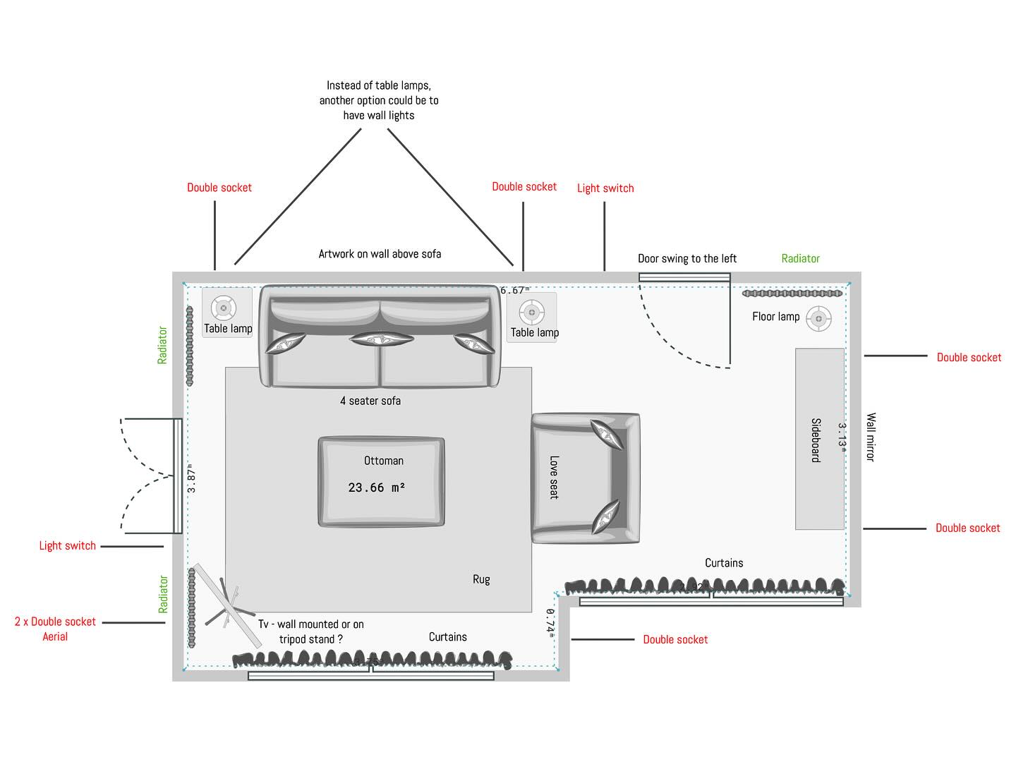 If you’re considering a home renovation, planning the new furniture layout is crucial in the early stages so that the contractors know exactly where to position the plumbing and electrics. Architects plans often don’t include a furniture layout, which can lead to last minute decisions (and sometimes mistakes) being made.
Thinking carefully about how the space will be used on a day-to-day basis is a great start. Then considering what the best furniture layout might be to accommodate these various daily activities. This can then inform the lighting and radiator positions. Is there enough seating, storage, lower-level lighting? Is there a side table to put a cup of tea when watching telly? These are all important questions!
A furniture layout is also useful to ascertain what scale of furniture will best suit the space, so that when you start shopping, you know the sizes to look for.
I’m currently working with a client who is in the midst of her own home renovation. After feeling a little overwhelmed with the mountain of decisions to be made, she enlisted my help to design her living room.
I wanted to create a comfortable, cosy and inviting space which would allow all the family to sit together and watch films, whilst also working well for social gatherings. The position of the seating and tv also allows them to make the most of the beautiful view of their garden. There is plenty of storage with the sideboard and ottoman, floor and table lamps have been positioned to create a lovely relaxing atmosphere in the evenings. Lots of sockets are dotted around too which gives plenty of options for plugging in devices.
Luckily, we managed to get this plan off to the contractors in the nick of time so they could make the necessary changes.
If you can’t get your hands on any software to play around with furniture layouts, old school graph paper is your friend 😊