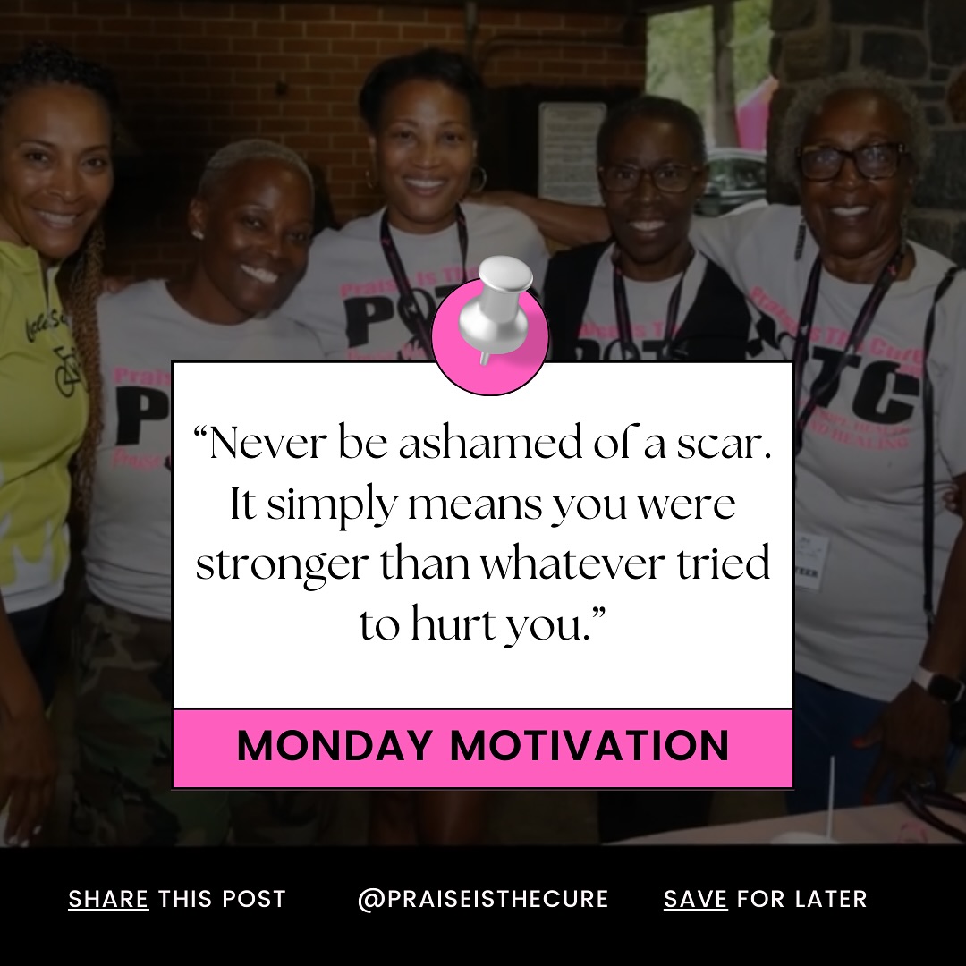 Happy Monday! 💪🏾 Never be ashamed of your scars—they're proof of your strength and resilience. Every scar tells a story of overcoming, of pushing through, of victory. This week, let’s wear our scars proudly as we continue to thrive in the face of every challenge. You are stronger than anything that comes your way! 💖 #MotivationMonday #PraiseIsTheCure #StrengthInScars #BreastCancerAwareness #Empowerment