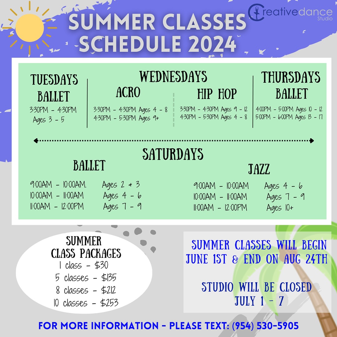 Ready to dance through summer? Join us at Creative Dance Studio for an exciting lineup of summer classes, running from June to August! Flexible packages and no tuition—mix and match to suit your schedule. Sign up today and keep your dancer moving all summer long! ☀️
📲 Click the link in our bio to purchase your class packages today! Have questions? Text us at 954-530-5905.