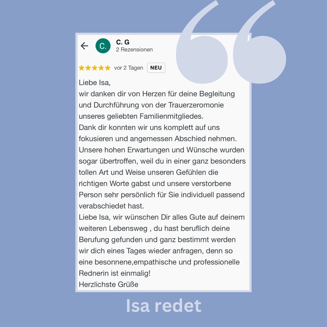 Feedback ✨ Vielen Dank für diese wunderbaren Worte. 🥹 Ich glaub, ich spreche für viele Redner*Innen, wenn ich sage: es fällt mir nicht leicht, das hier so locker zu posten, obwohl es öffentlich zu lesen ist. Aber ich bin ehrlich: So eine Rezension bedeutet mir unfassbar viel und wenn sie andere vielleicht bestätigt, dass ich sie begleiten darf, dann umso besser. Seit ich rede, schreibe ich auch mehr Rezensionen, weil ich genau weiß, was es für die Menschen dahinter bedeutet, insbesondere bei kleinen Businesses oder One-Woman-Shows wie mir. Wenn ihr also Euren Dienstleister*Innen eine Freude machen wollt, nehmt Euch ein paar Minuten. ✍️ Übrigens: wer lieber anonym bleibt, kann auch gern ein paar Zeilen für die Webseite verfassen, die dann ohne Profil erscheinen.
Wie sieht’s aus, schreibt ihr Rezensionen?
