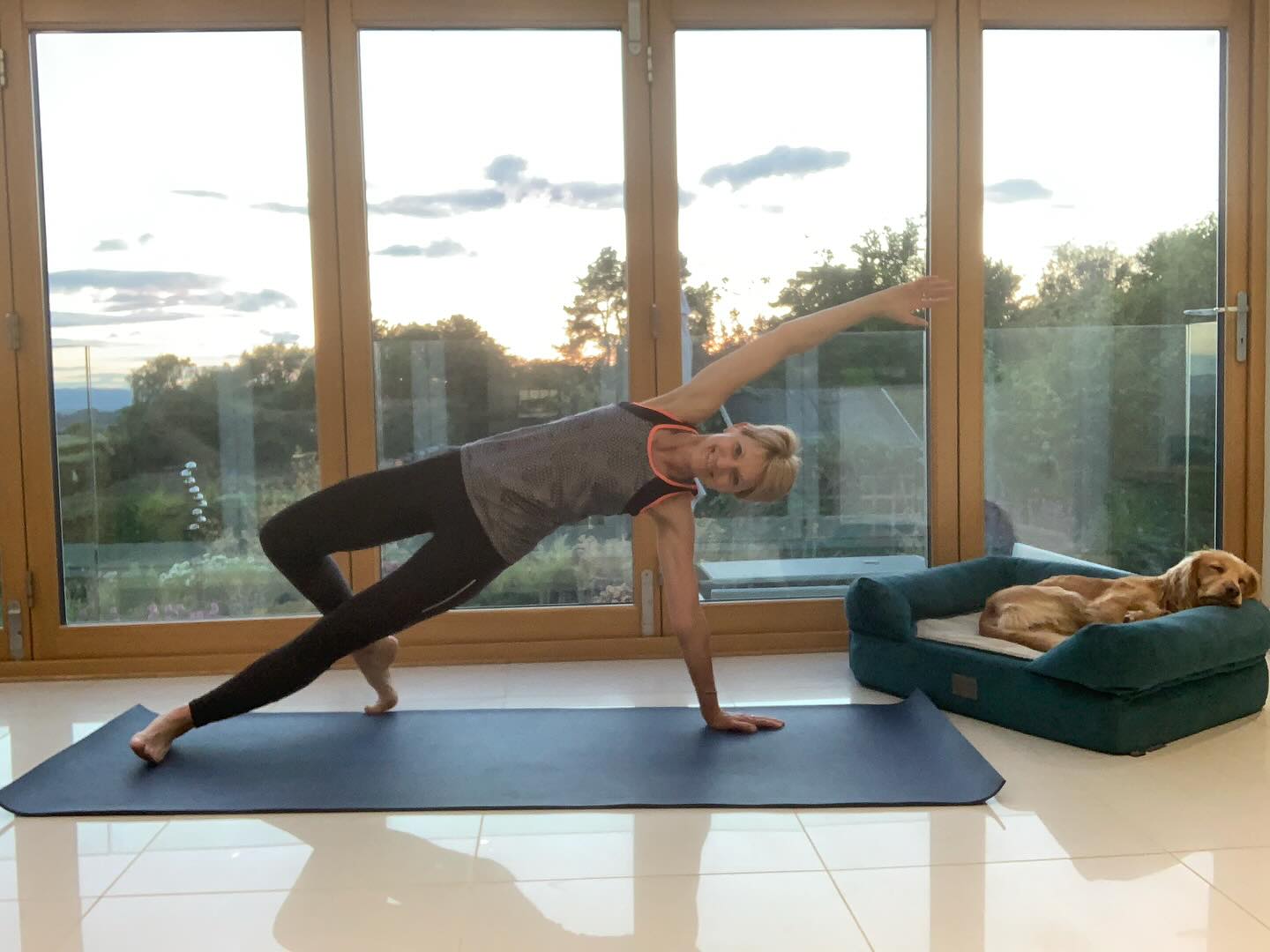 Sunset side planks plus a sleepy spaniel. Join me tonight at Overbury for some outdoor yoga. Hope to see you there. #overburylife #overbury #overburyyoga #sunsetyoga